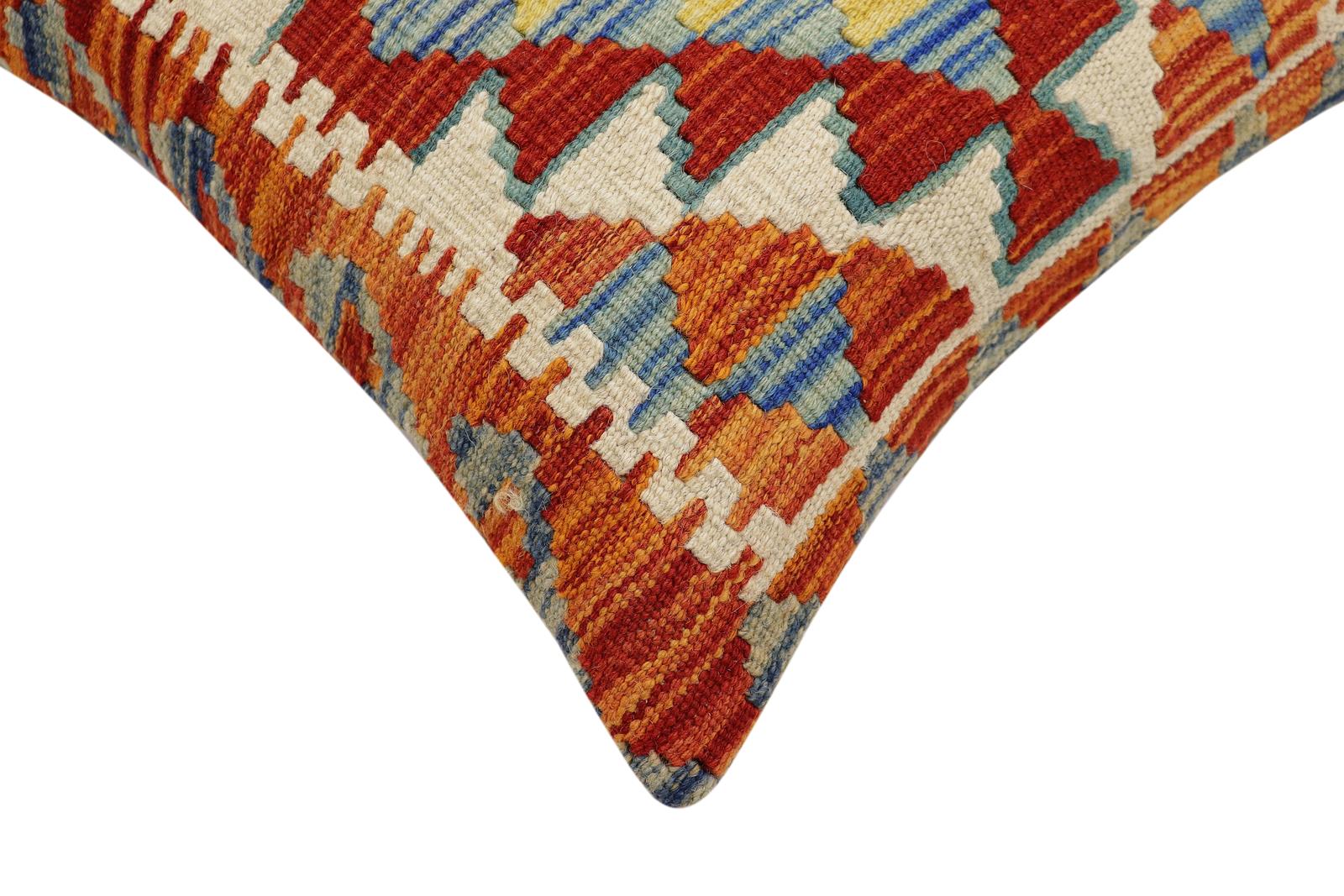 handmade Traditional Pillow Rust Blue Hand-Woven SQUARE 100% WOOL Hand woven turkish pillow2' x 2'