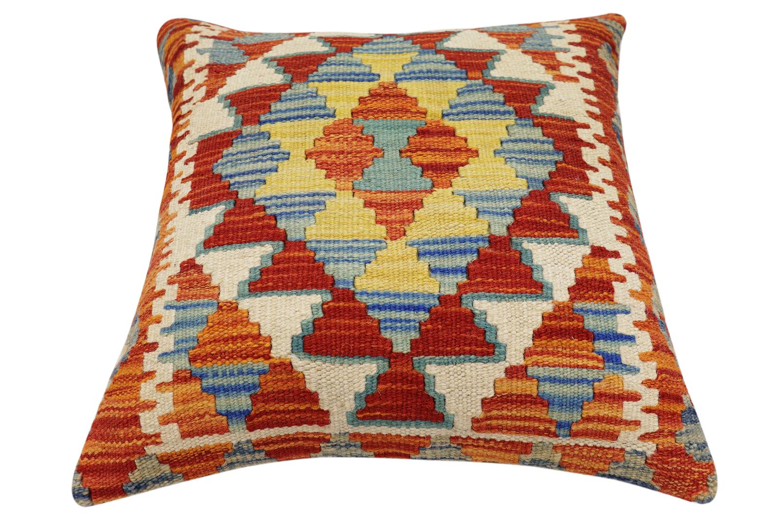 handmade Traditional Pillow Rust Blue Hand-Woven SQUARE 100% WOOL Hand woven turkish pillow2' x 2'