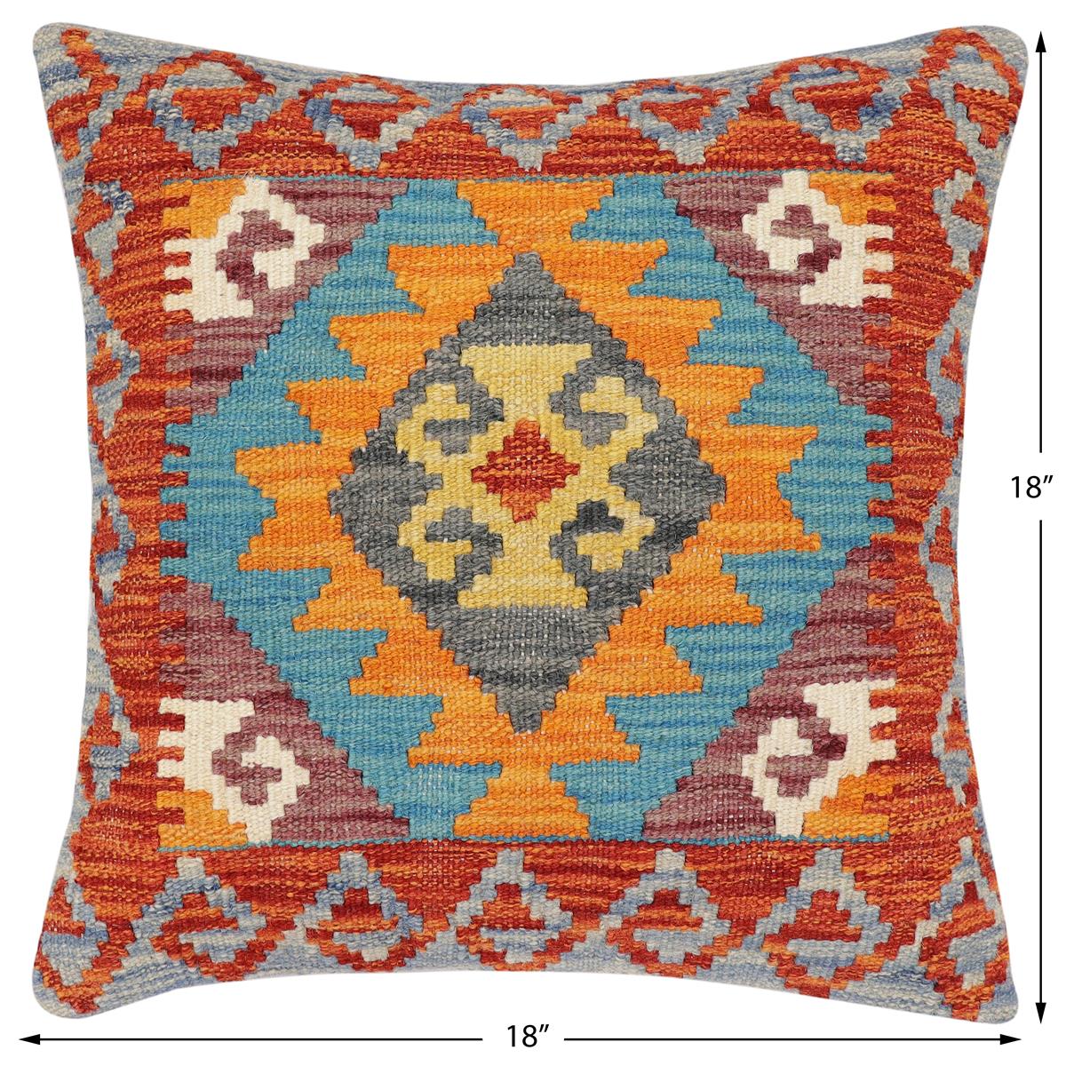 handmade Traditional Pillow Rust Blue Hand-Woven SQUARE 100% WOOL Hand woven turkish pillow2' x 2'