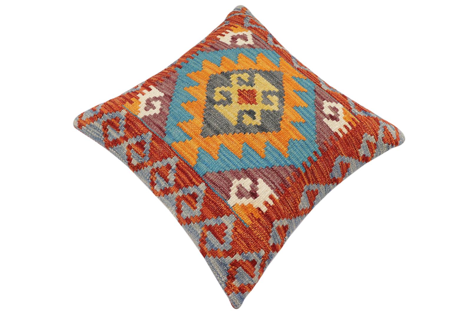 handmade Traditional Pillow Rust Blue Hand-Woven SQUARE 100% WOOL Hand woven turkish pillow2' x 2'