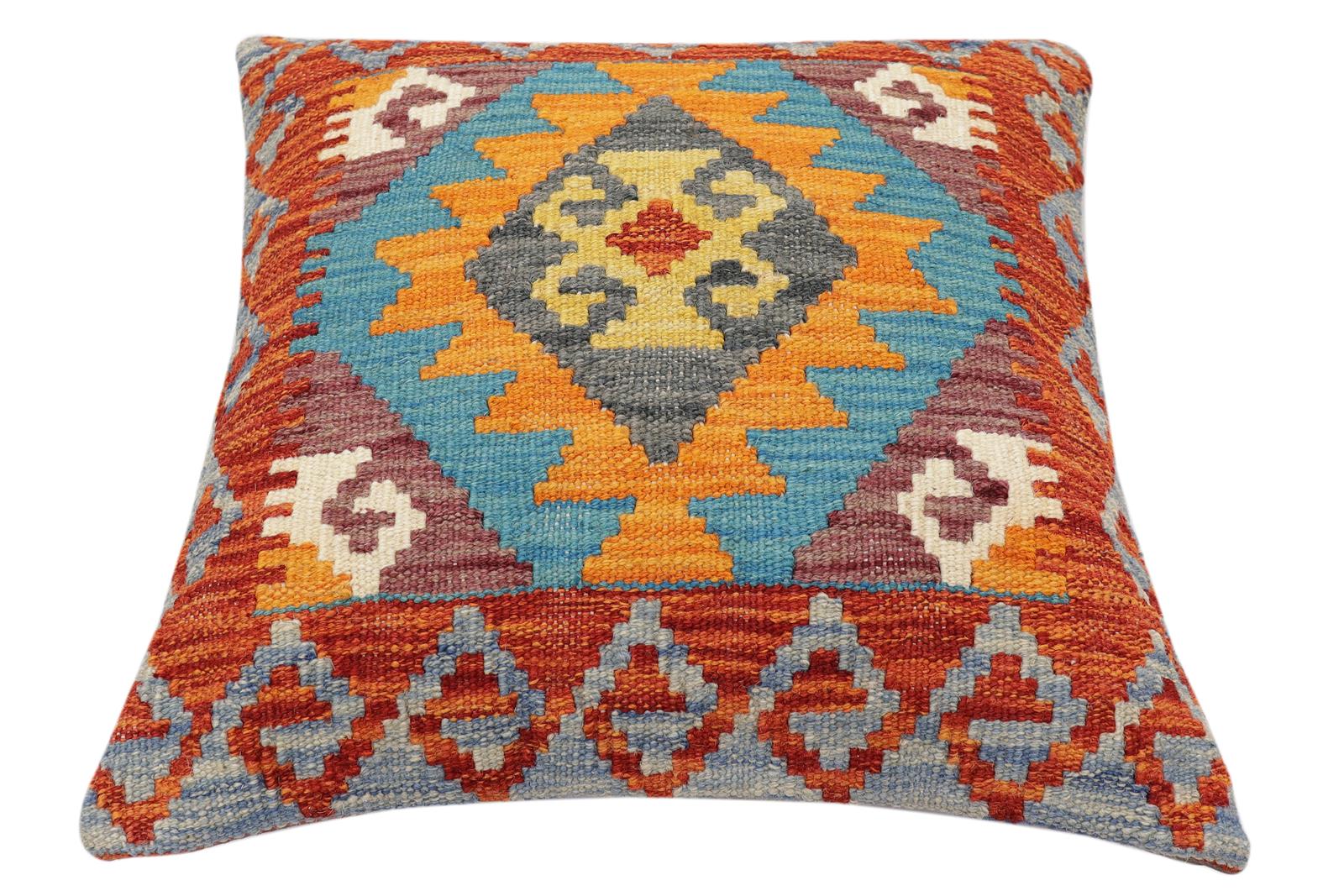 handmade Traditional Pillow Rust Blue Hand-Woven SQUARE 100% WOOL Hand woven turkish pillow2' x 2'