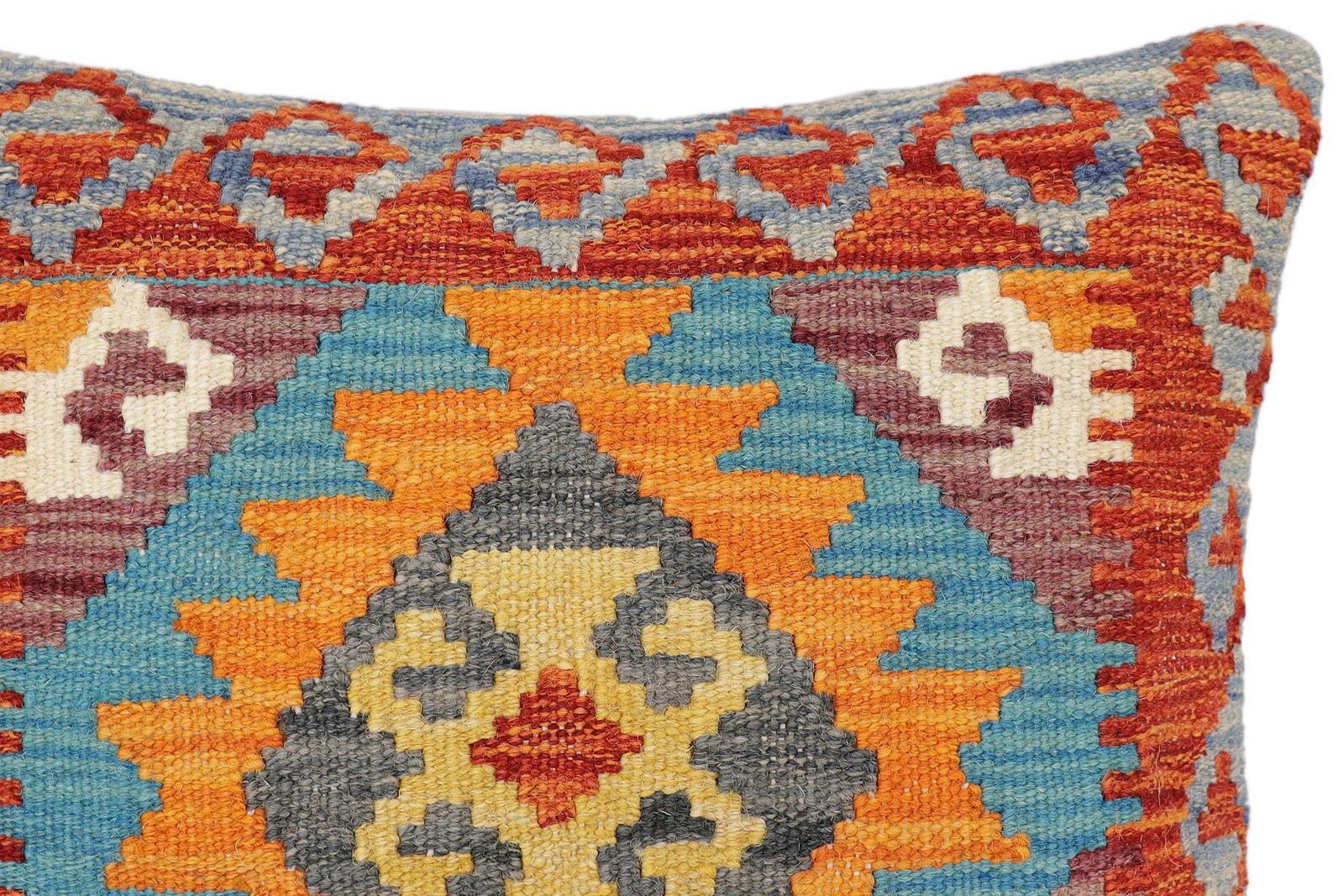 handmade Traditional Pillow Rust Blue Hand-Woven SQUARE 100% WOOL Hand woven turkish pillow2' x 2'