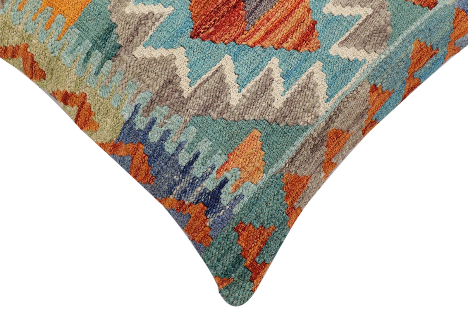handmade Traditional Pillow Rust Blue Hand-Woven SQUARE 100% WOOL Hand woven turkish pillow2' x 2'