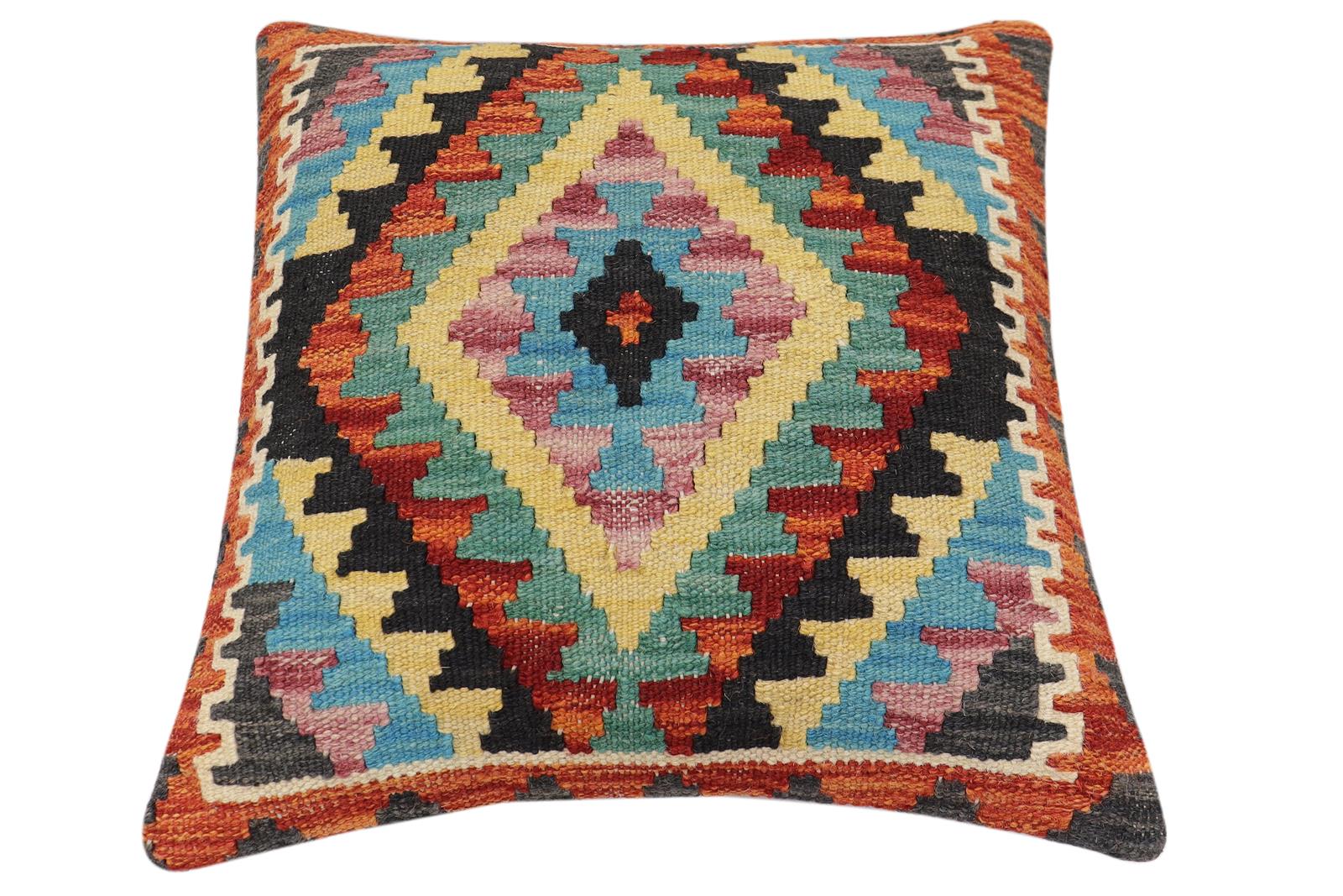 handmade Traditional Pillow Rust Blue Hand-Woven SQUARE 100% WOOL Hand woven turkish pillow2' x 2'