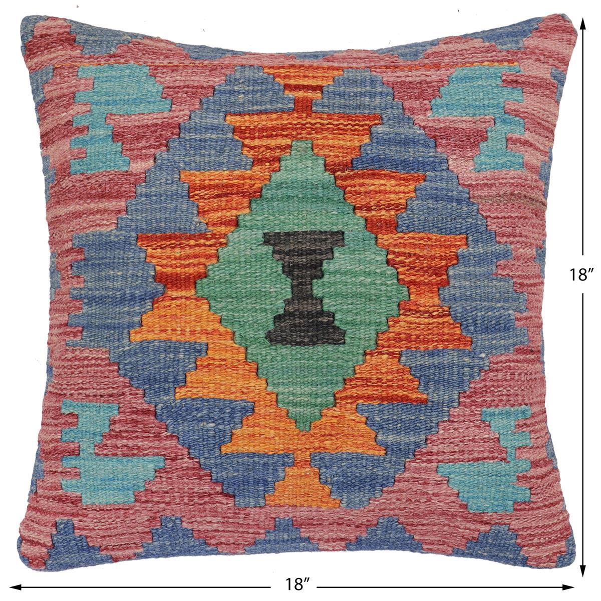 handmade Traditional Pillow Rust Blue Hand-Woven SQUARE 100% WOOL Hand woven turkish pillow2' x 2'