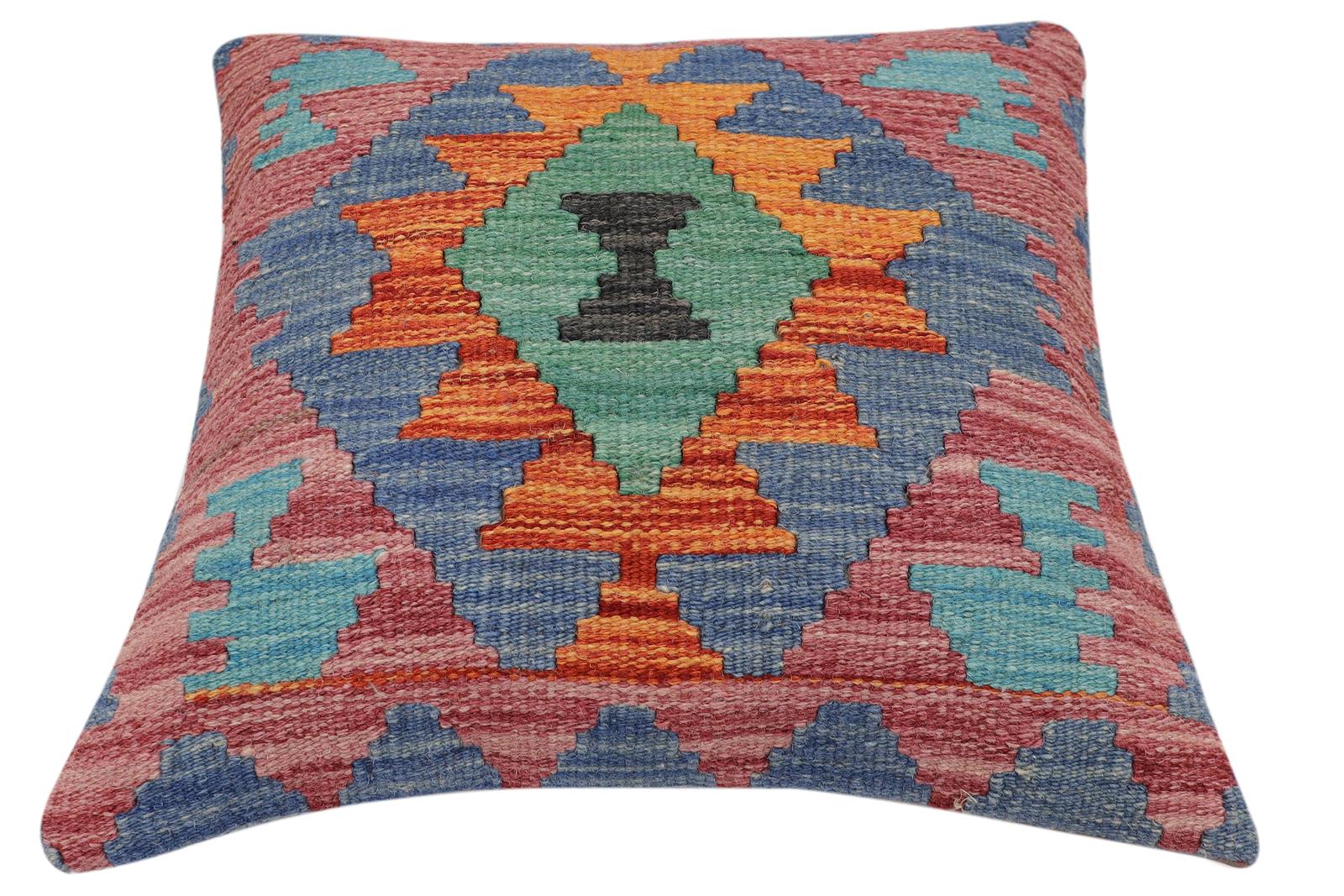 handmade Traditional Pillow Rust Blue Hand-Woven SQUARE 100% WOOL Hand woven turkish pillow2' x 2'