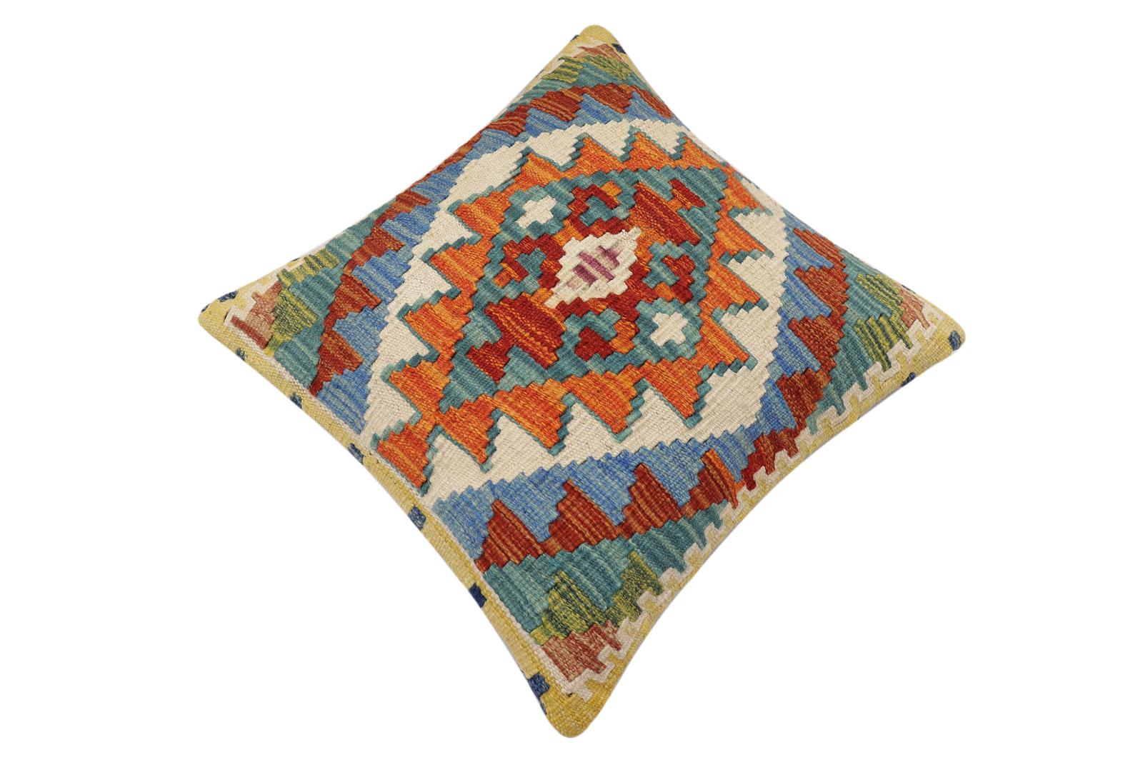 handmade Traditional Pillow Rust Blue Hand-Woven SQUARE 100% WOOL Hand woven turkish pillow2' x 2'