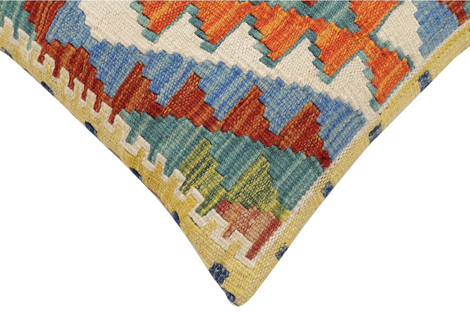 handmade Traditional Pillow Rust Blue Hand-Woven SQUARE 100% WOOL Hand woven turkish pillow2' x 2'