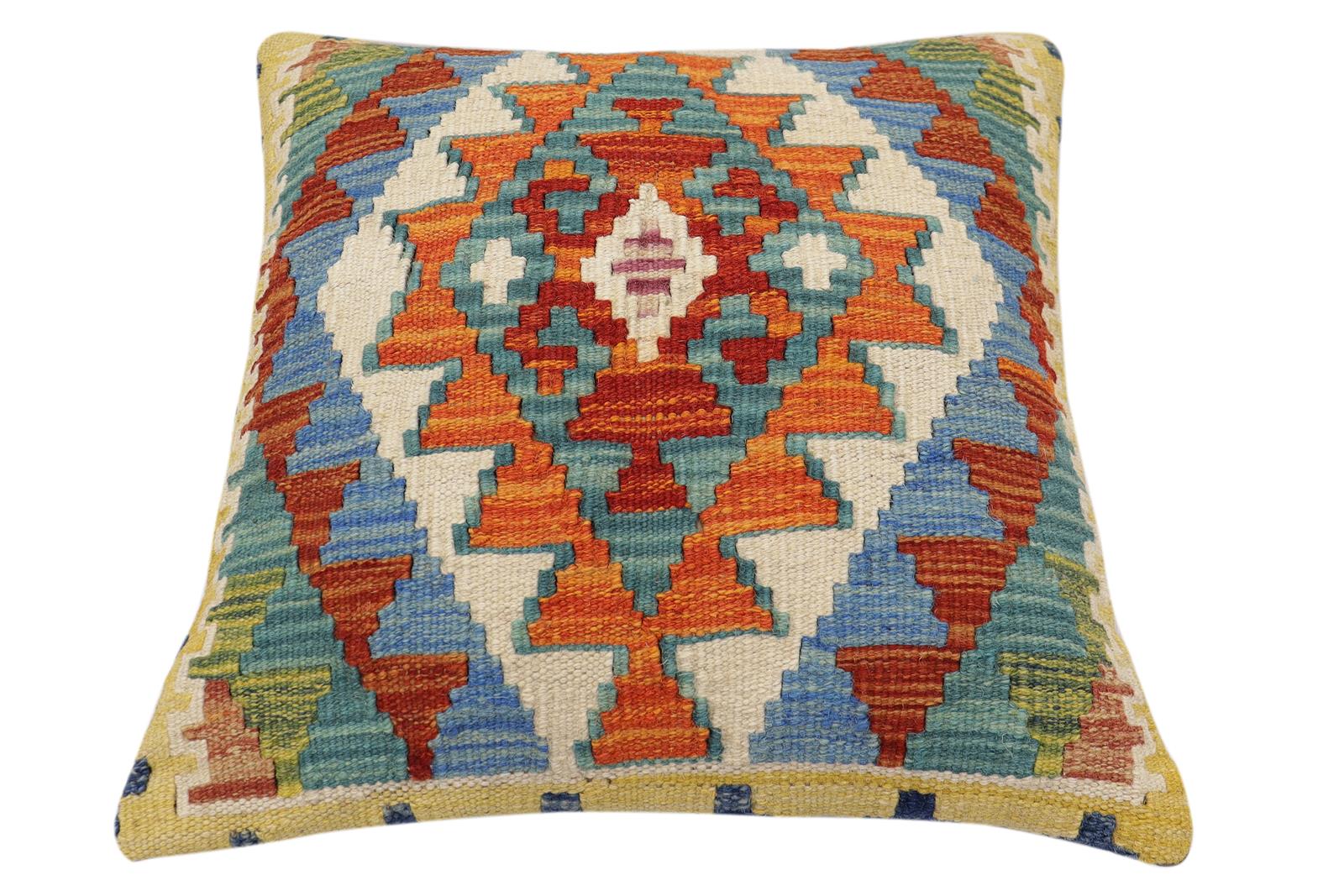 handmade Traditional Pillow Rust Blue Hand-Woven SQUARE 100% WOOL Hand woven turkish pillow2' x 2'
