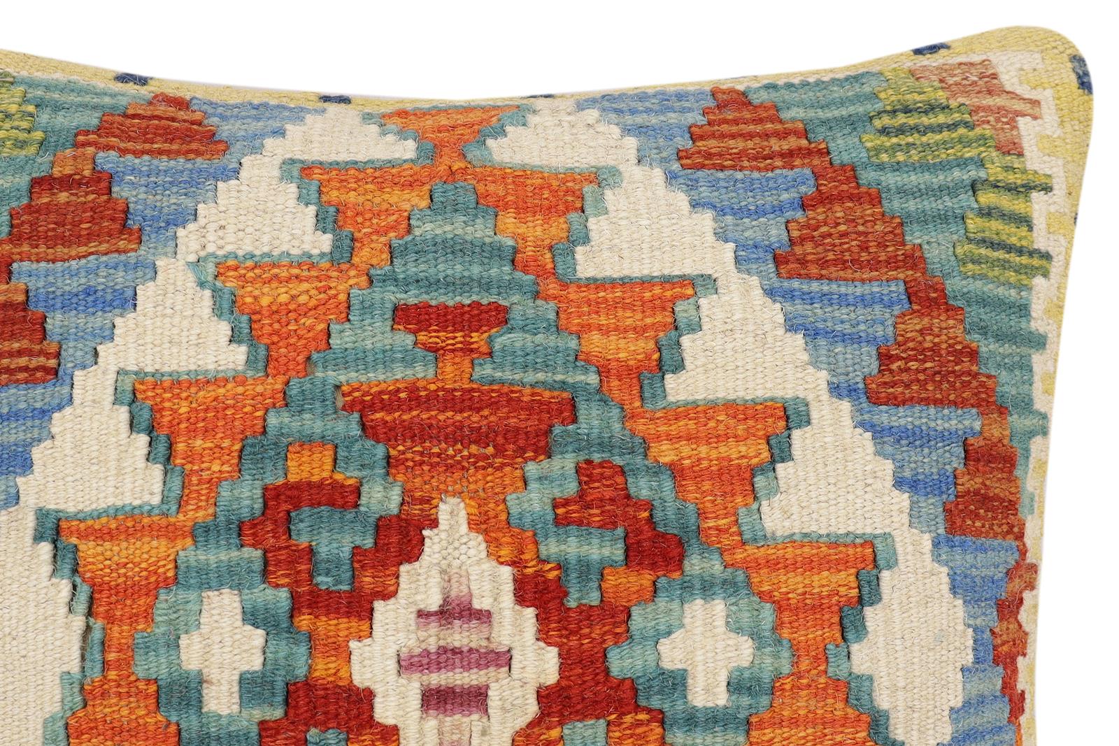 handmade Traditional Pillow Rust Blue Hand-Woven SQUARE 100% WOOL Hand woven turkish pillow2' x 2'