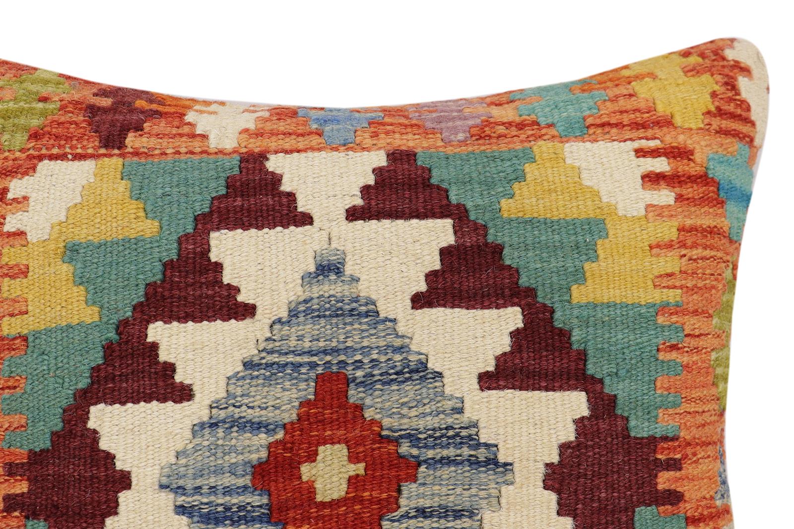 handmade Traditional Pillow Rust Blue Hand-Woven SQUARE 100% WOOL Hand woven turkish pillow2' x 2'