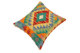 handmade Traditional Pillow Rust Blue Hand-Woven SQUARE 100% WOOL  Hand woven turkish pillow  2 x 2