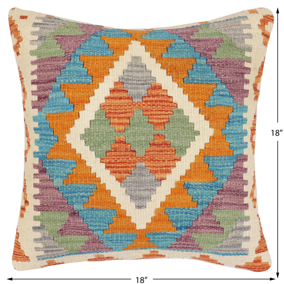 handmade Traditional Pillow Rust Blue Hand-Woven SQUARE 100% WOOL Hand woven turkish pillow2' x 2'