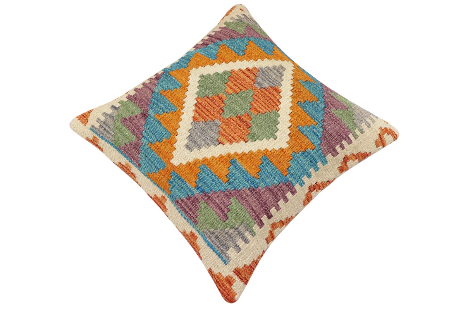 handmade Traditional Pillow Rust Blue Hand-Woven SQUARE 100% WOOL Hand woven turkish pillow2' x 2'