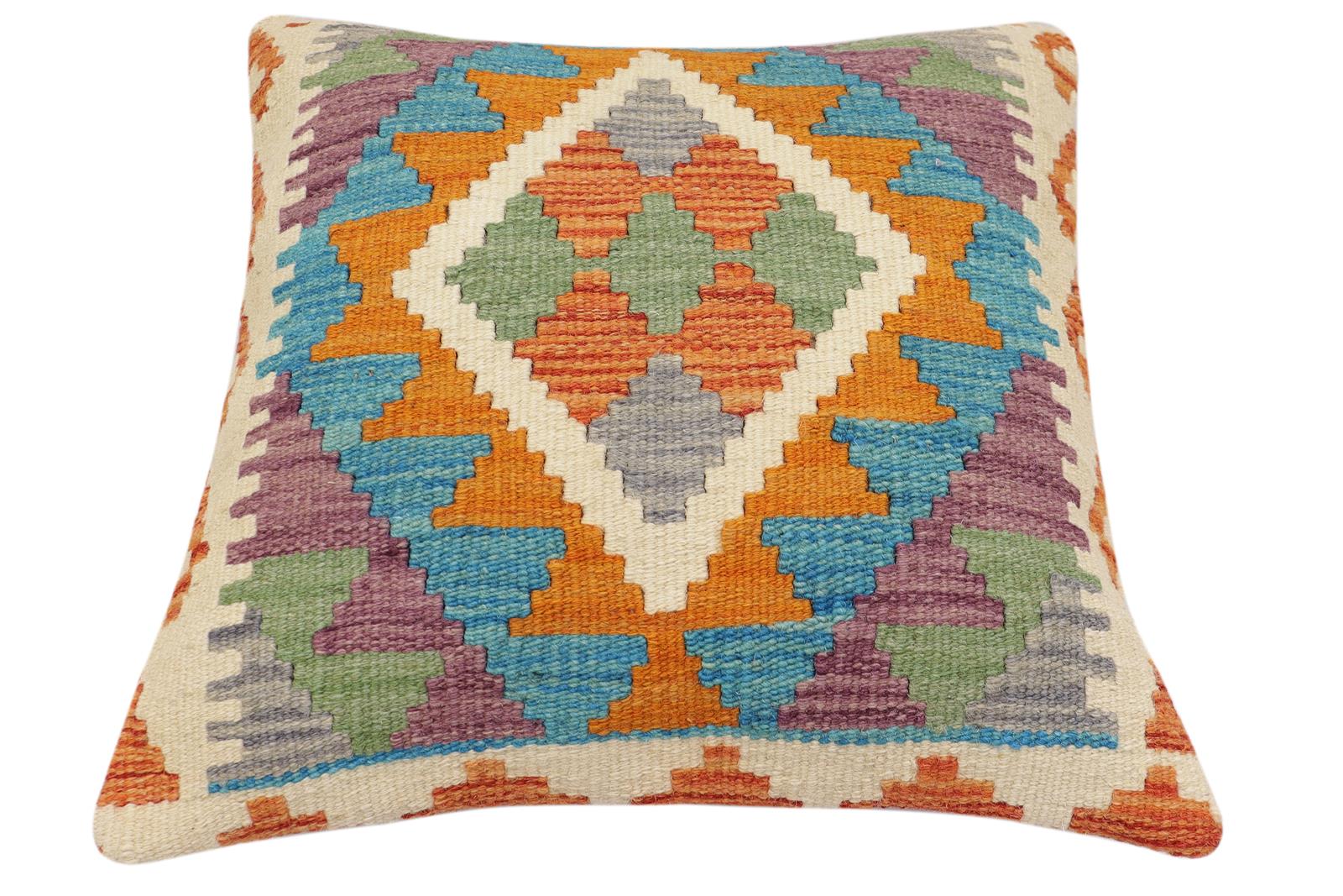 handmade Traditional Pillow Rust Blue Hand-Woven SQUARE 100% WOOL Hand woven turkish pillow2' x 2'