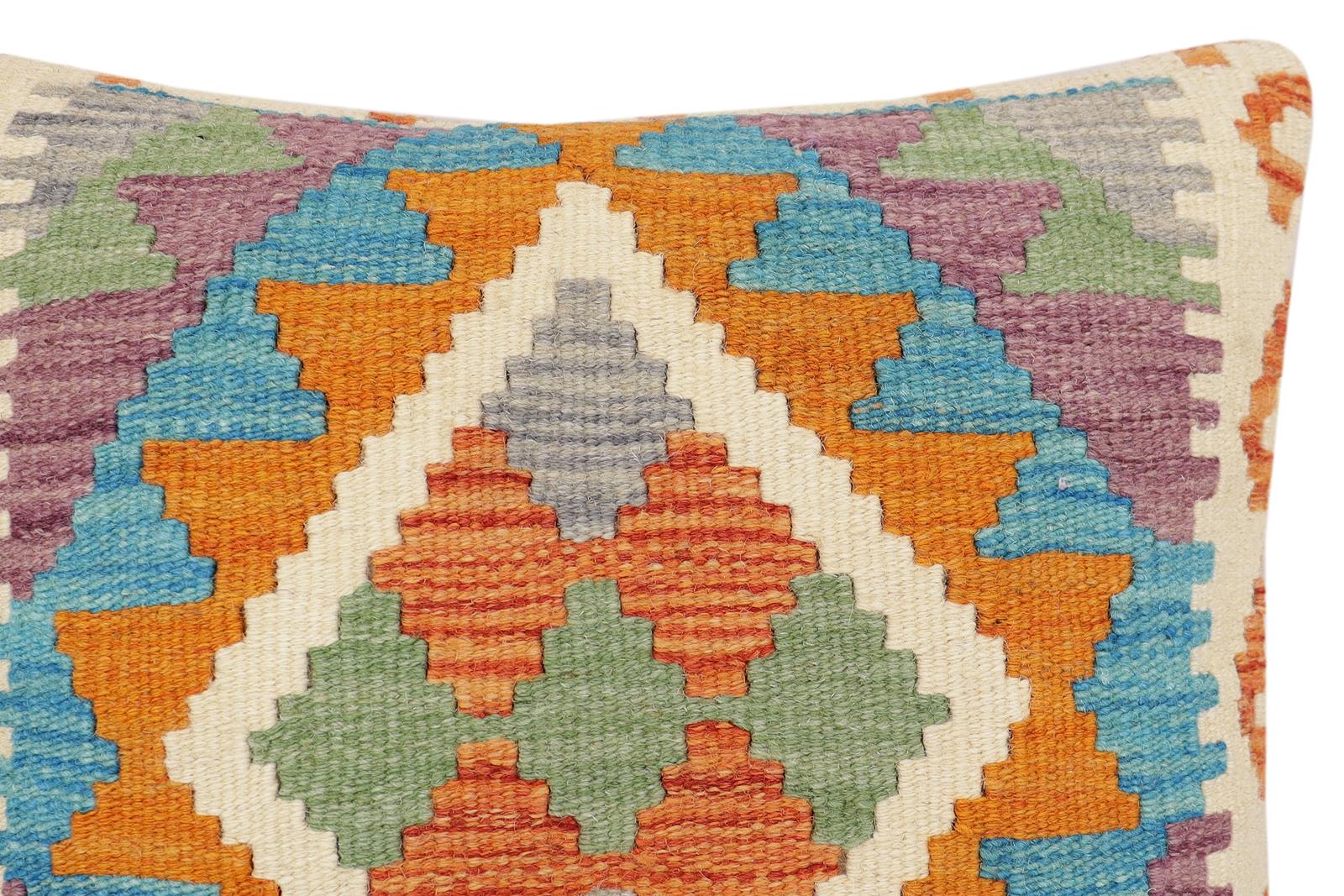 handmade Traditional Pillow Rust Blue Hand-Woven SQUARE 100% WOOL Hand woven turkish pillow2' x 2'