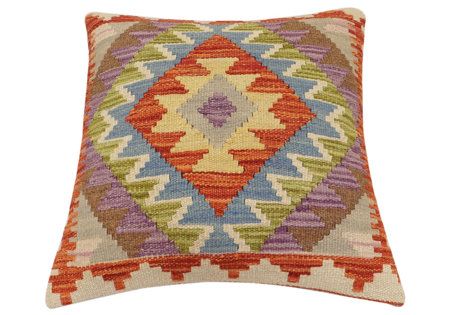 handmade Traditional Pillow Rust Blue Hand-Woven SQUARE 100% WOOL Hand woven turkish pillow2' x 2'
