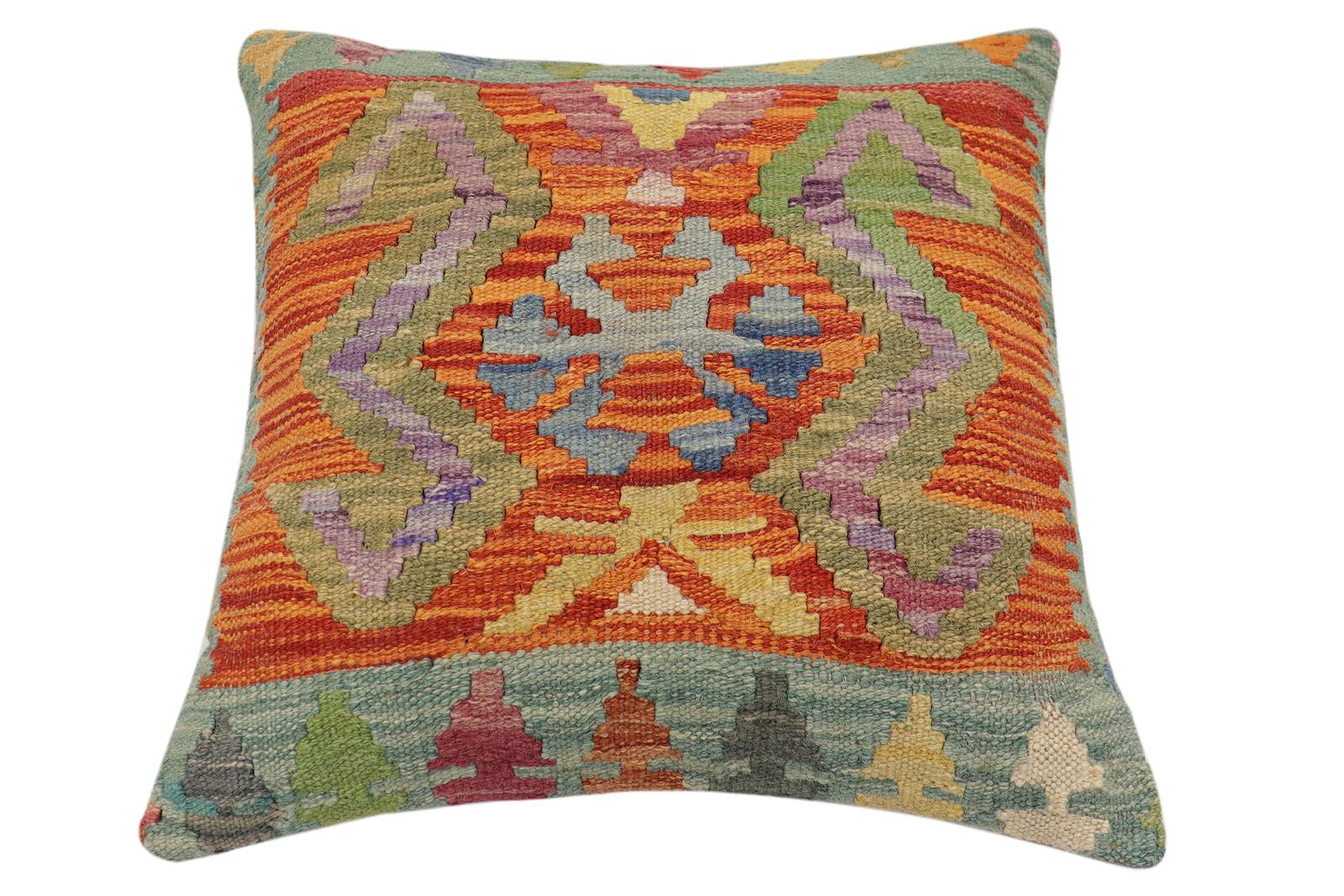 handmade Traditional Pillow Rust Blue Hand-Woven SQUARE 100% WOOL Hand woven turkish pillow2' x 2'
