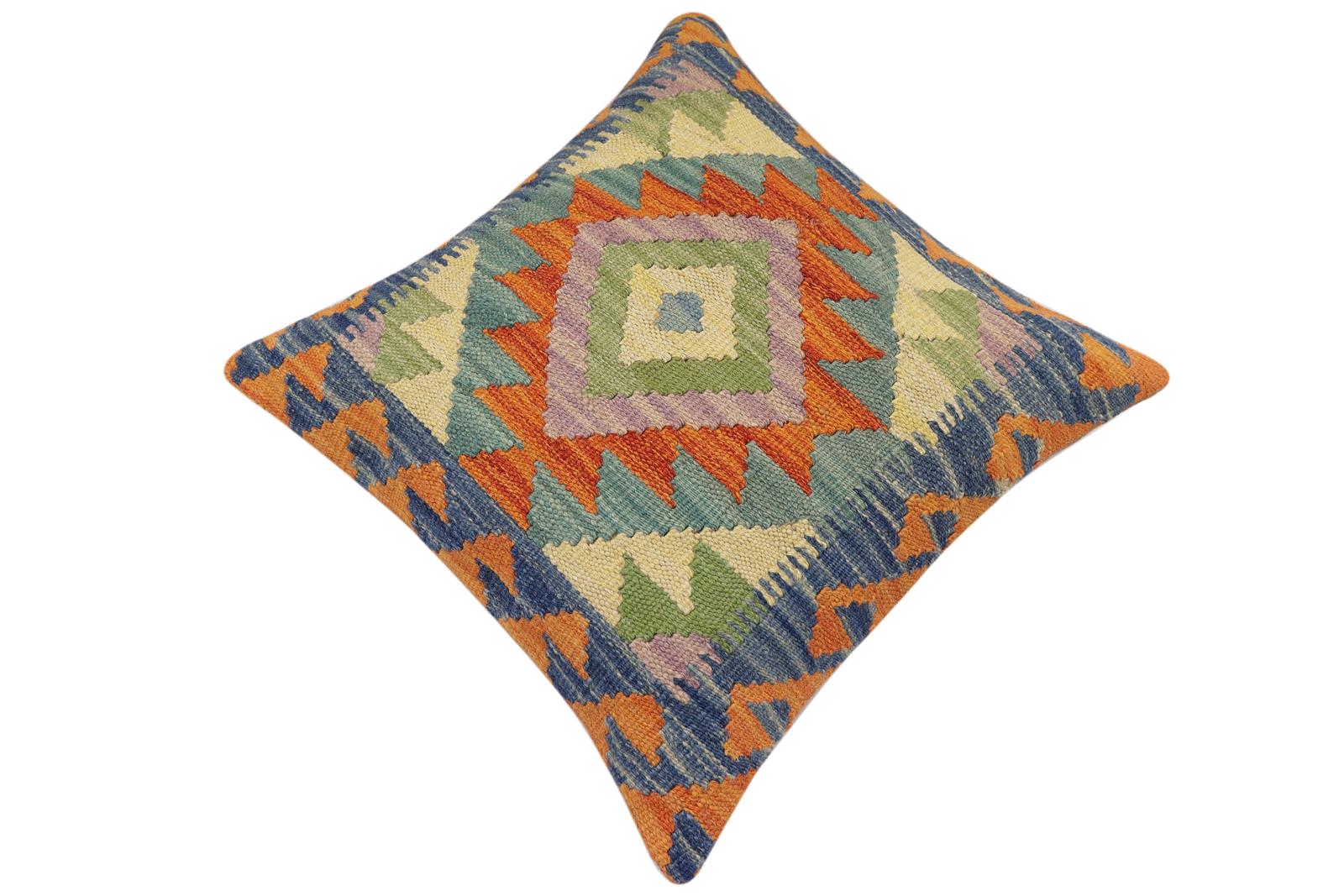 handmade Traditional Pillow Rust Blue Hand-Woven SQUARE 100% WOOL Hand woven turkish pillow2' x 2'