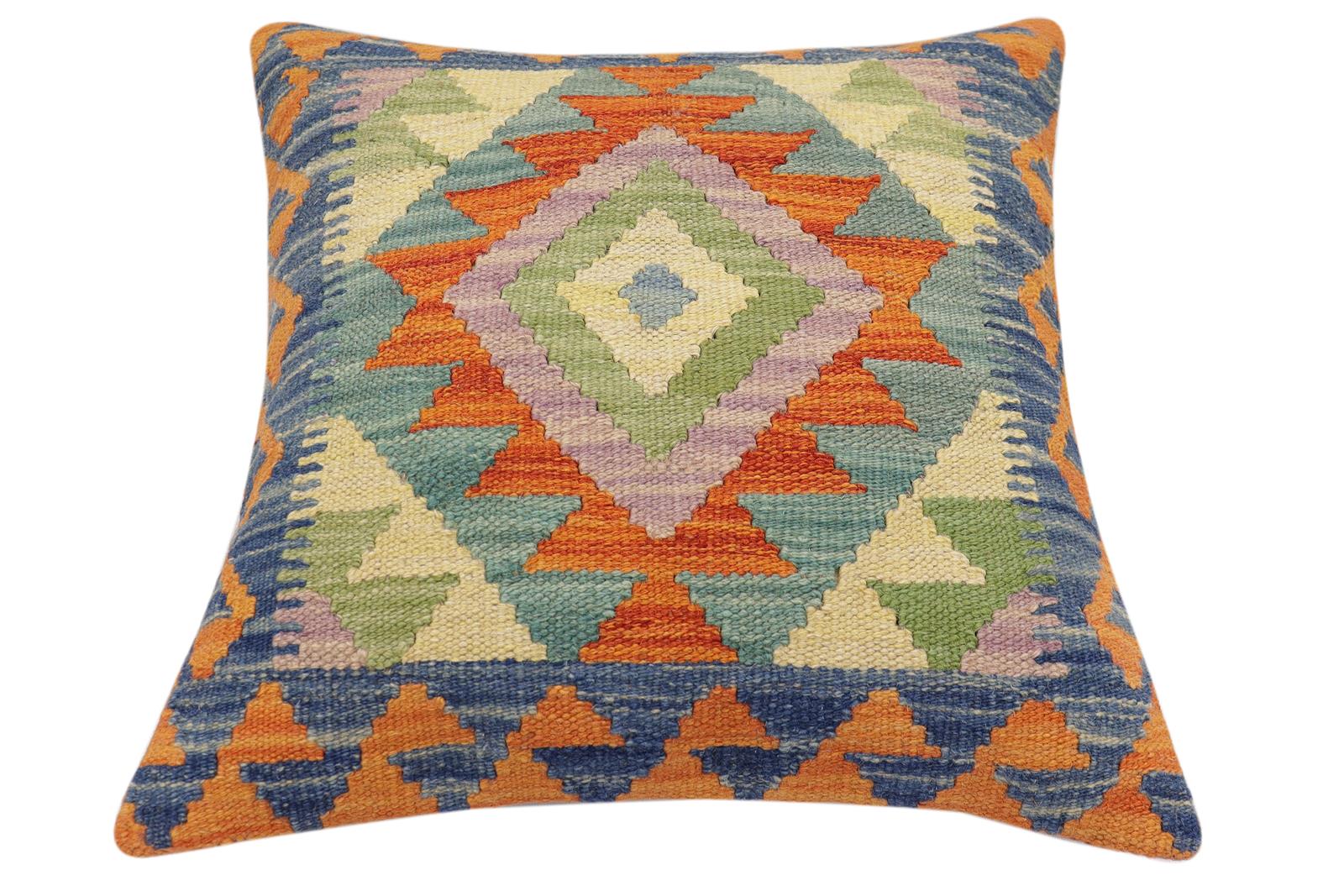 handmade Traditional Pillow Rust Blue Hand-Woven SQUARE 100% WOOL Hand woven turkish pillow2' x 2'
