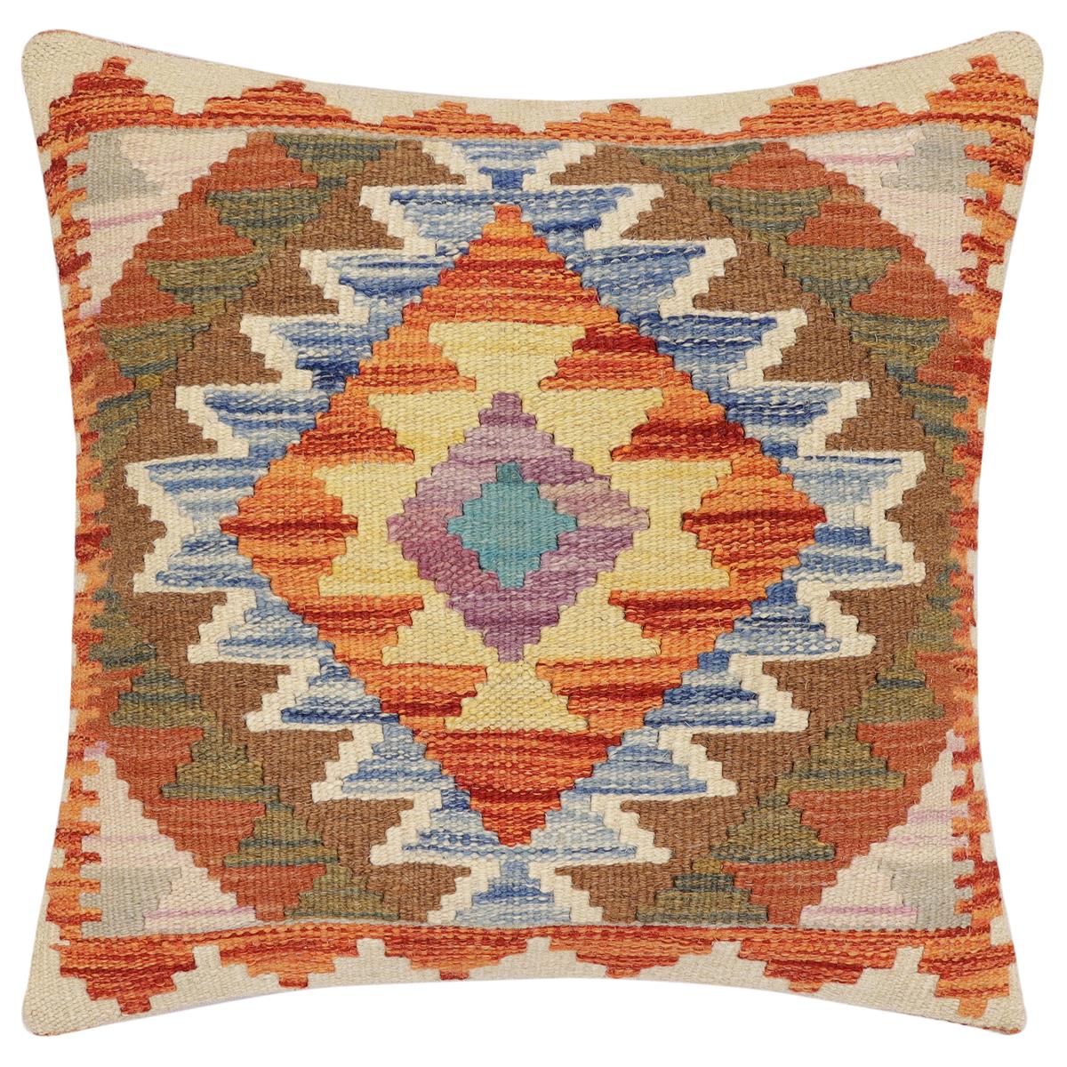 handmade Traditional Pillow Rust Blue Hand-Woven SQUARE 100% WOOL Hand woven turkish pillow2' x 2'
