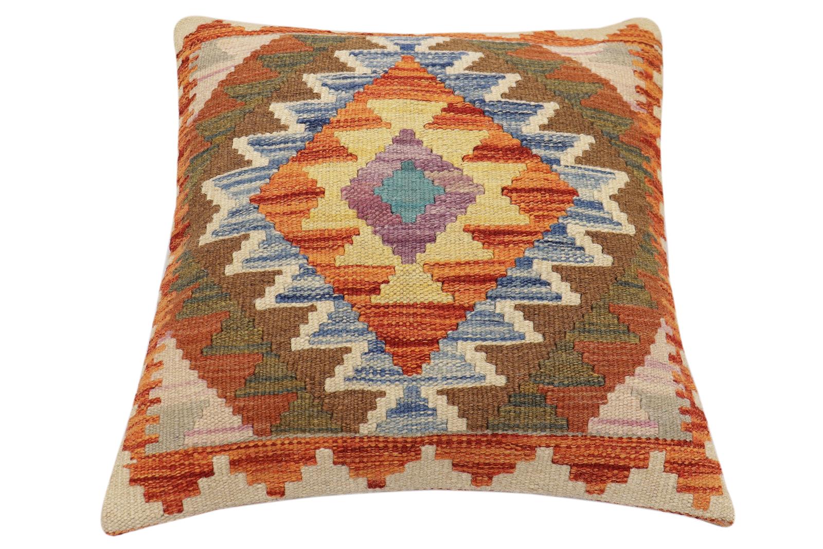 handmade Traditional Pillow Rust Blue Hand-Woven SQUARE 100% WOOL Hand woven turkish pillow2' x 2'