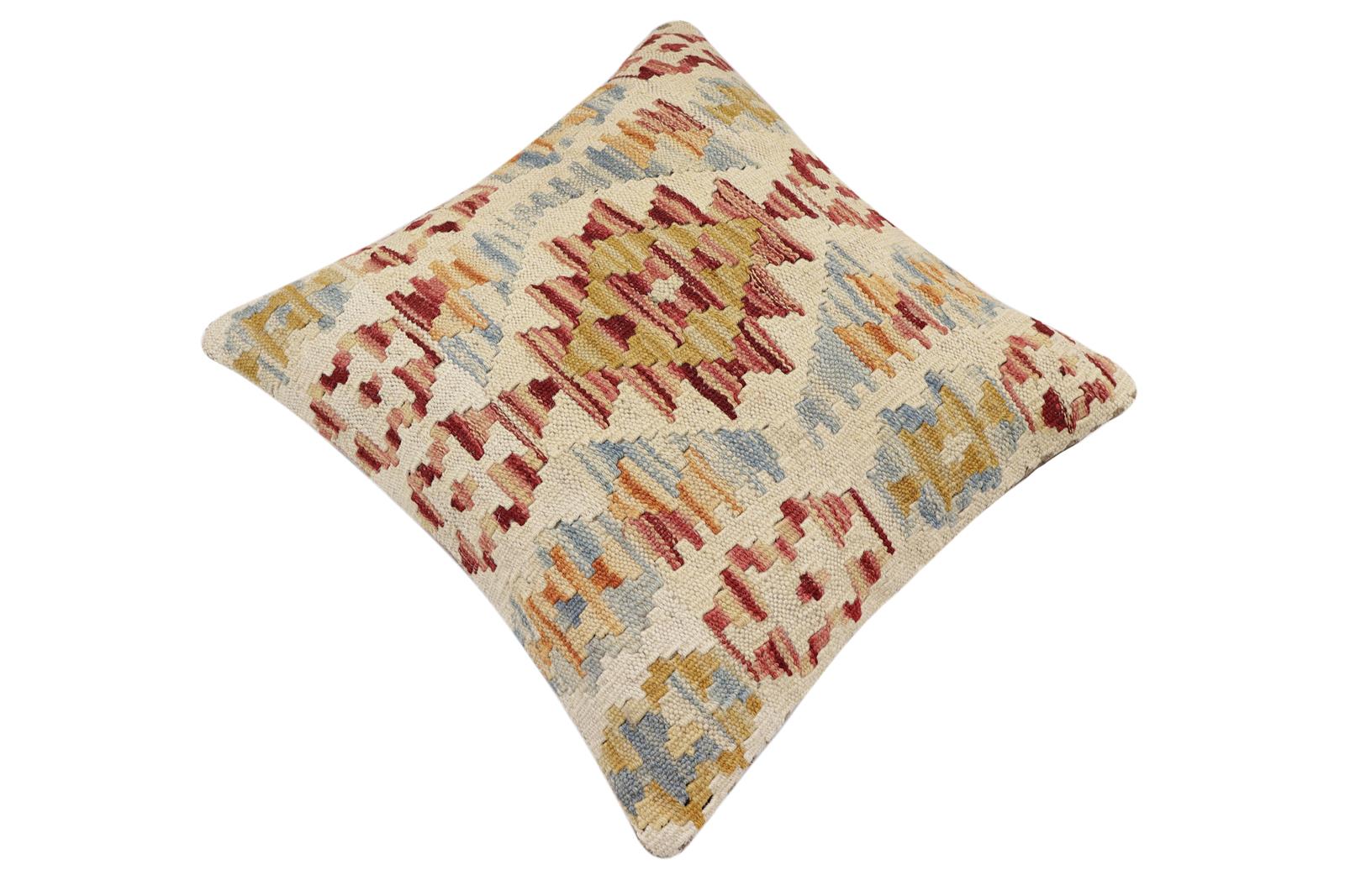 handmade Traditional Pillow Red Beige Hand-Woven SQUARE 100% WOOL  Hand woven turkish pillow  2 x 2
