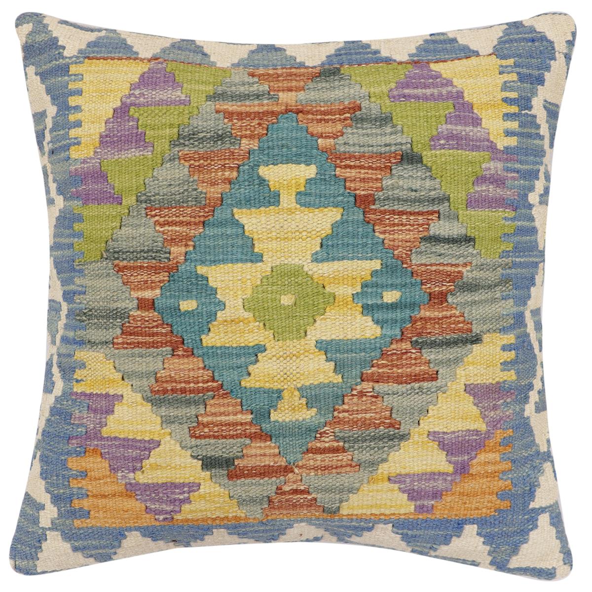 handmade Traditional Pillow Blue Beige Hand-made SQUARE 100% WOOL Hand woven turkish pillow2' x 2'