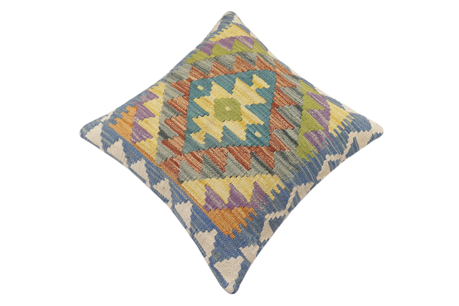 handmade Traditional Pillow Blue Beige Hand-made SQUARE 100% WOOL Hand woven turkish pillow2' x 2'