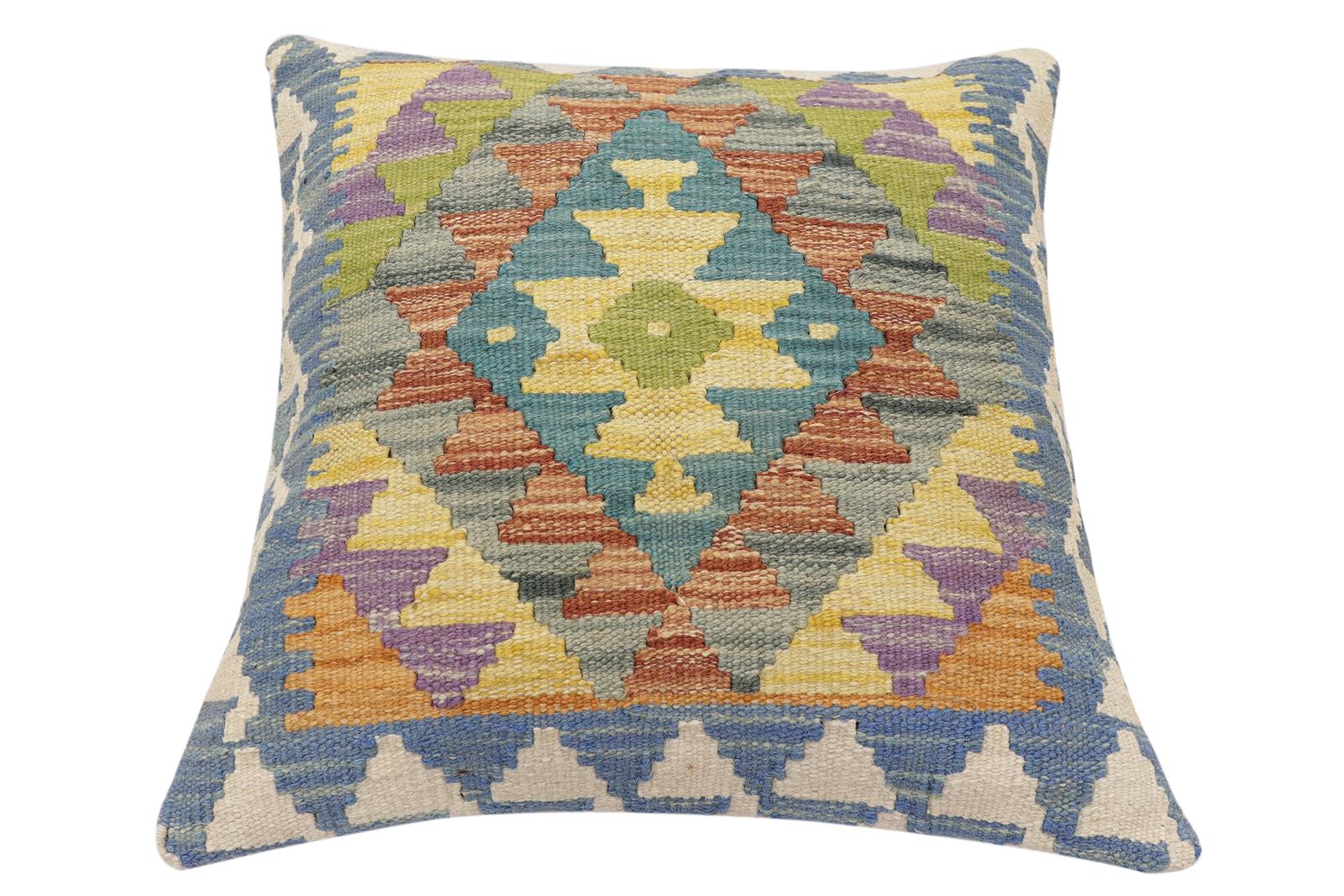handmade Traditional Pillow Blue Beige Hand-made SQUARE 100% WOOL Hand woven turkish pillow2' x 2'