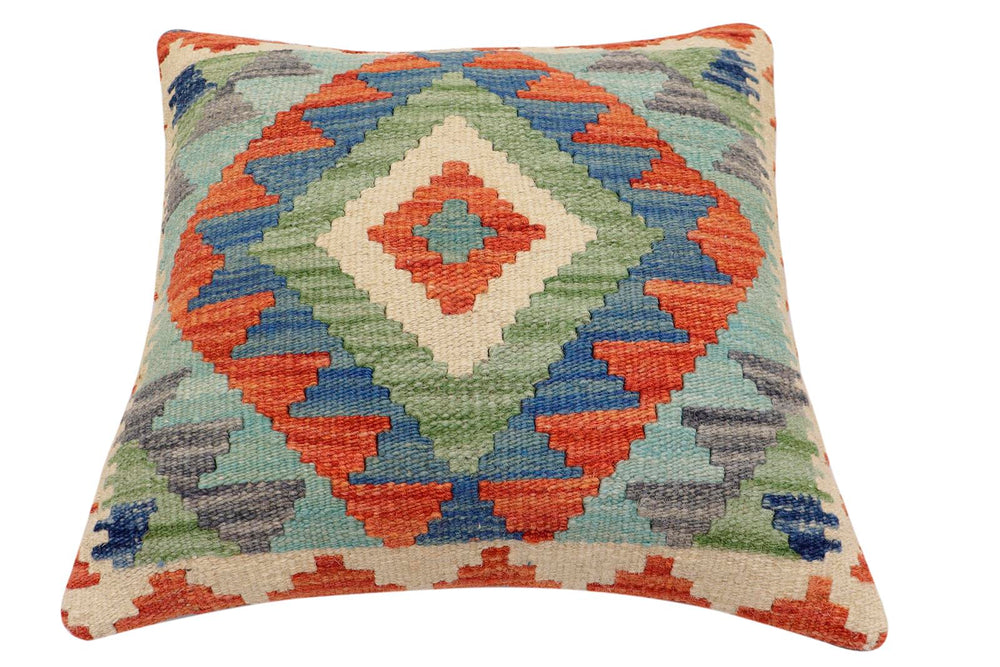 handmade Traditional Pillow Rust Blue Hand-Woven SQUARE 100% WOOL Hand woven turkish pillow2' x 2'