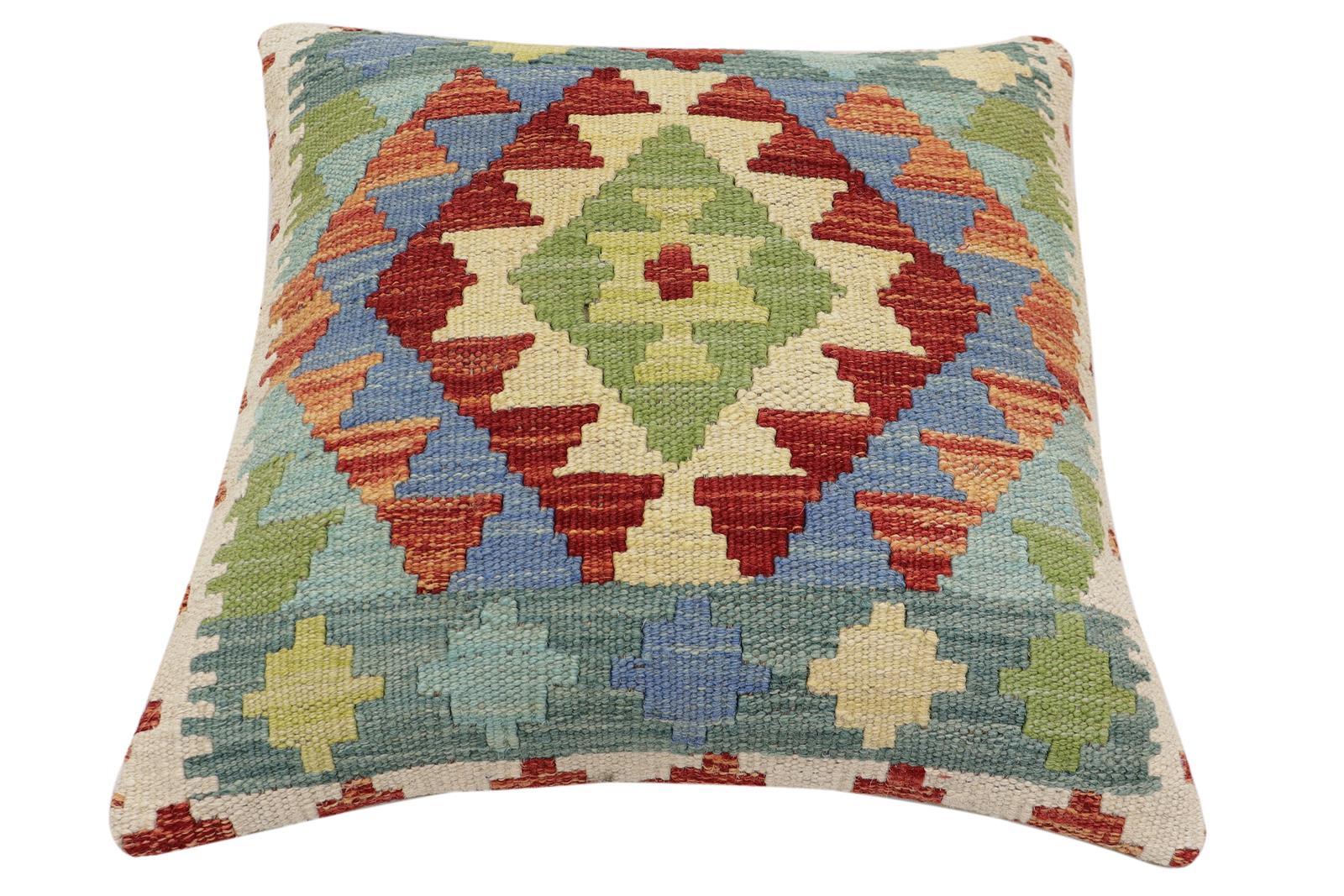 handmade Traditional Pillow Rust Blue Hand-Woven SQUARE 100% WOOL Hand woven turkish pillow2' x 2'
