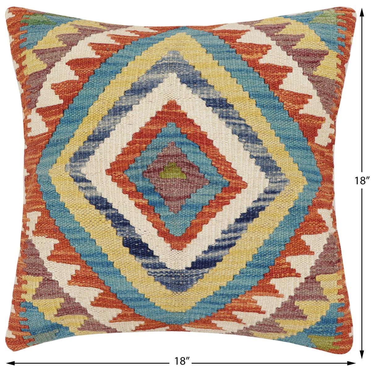 handmade Traditional Pillow Rust Blue Hand-Woven SQUARE 100% WOOL Hand woven turkish pillow2' x 2'