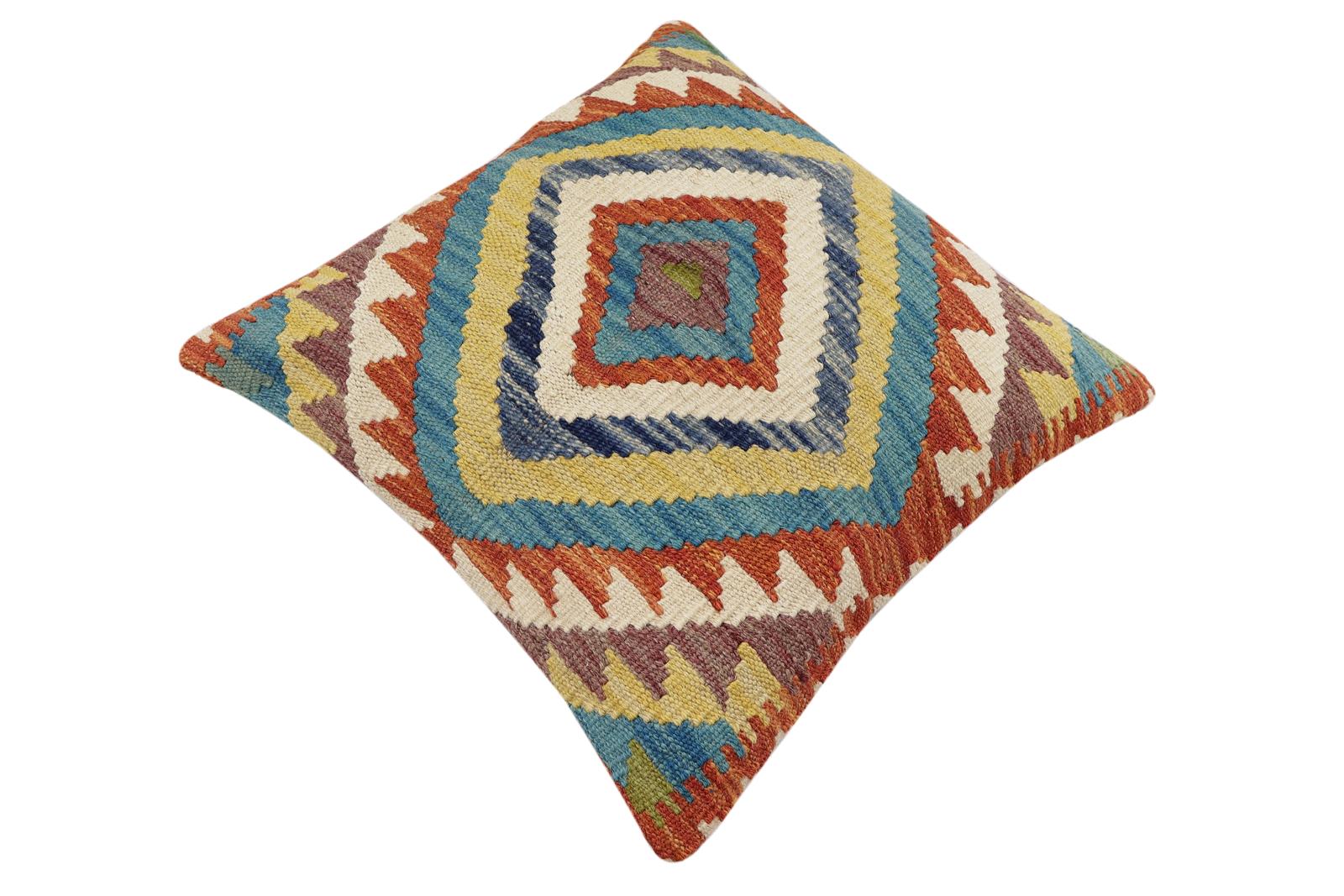 handmade Traditional Pillow Rust Blue Hand-Woven SQUARE 100% WOOL Hand woven turkish pillow2' x 2'