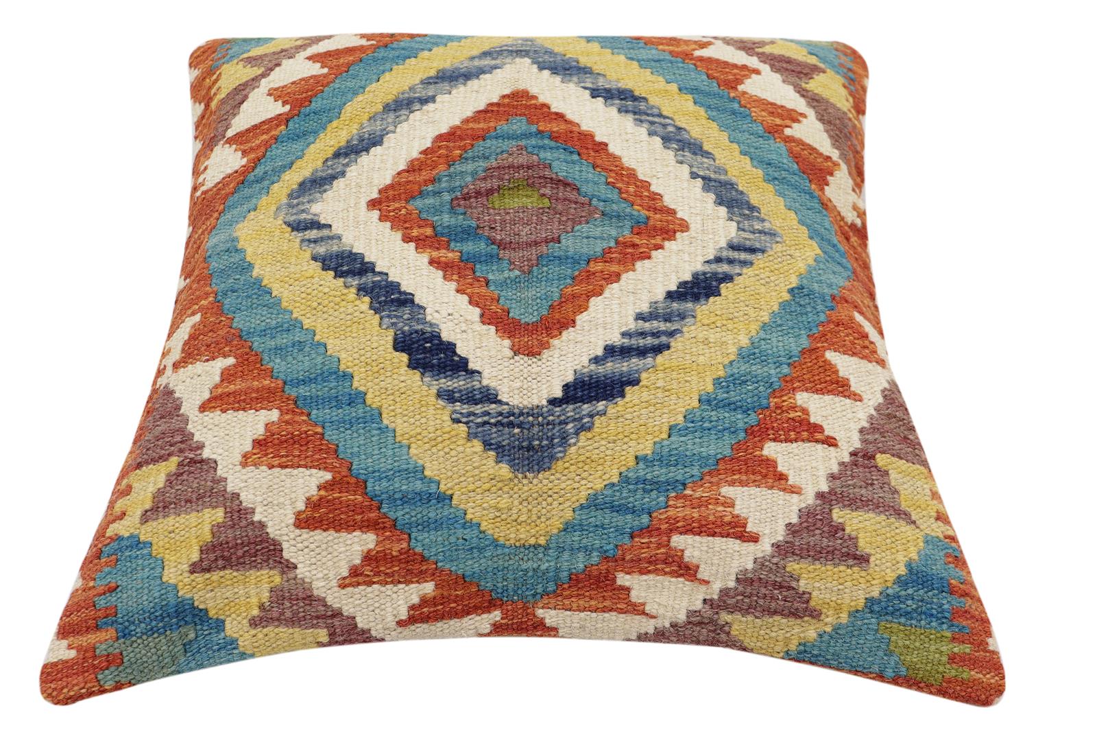 handmade Traditional Pillow Rust Blue Hand-Woven SQUARE 100% WOOL Hand woven turkish pillow2' x 2'