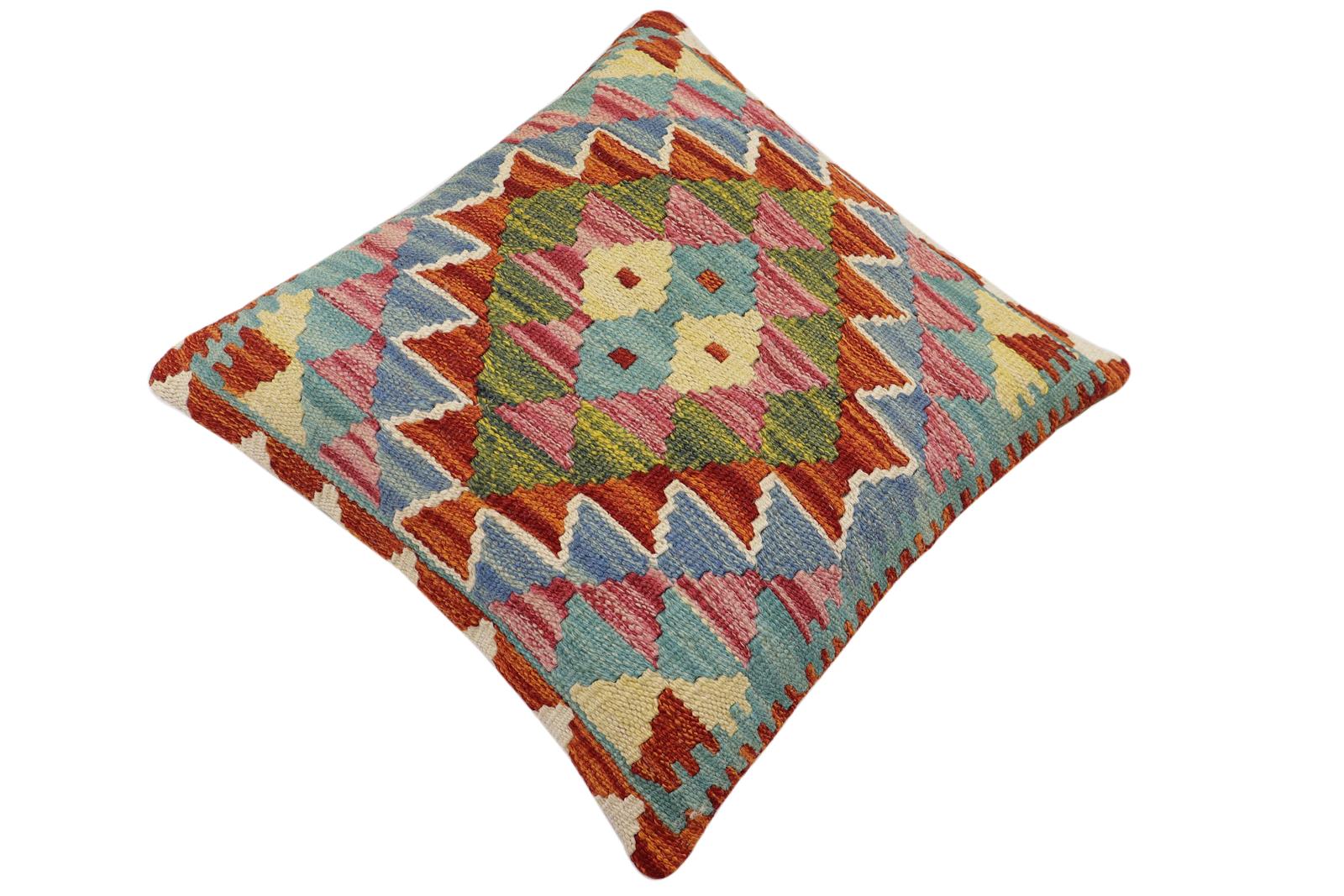 handmade Traditional Pillow Rust Blue Hand-Woven SQUARE 100% WOOL Hand woven turkish pillow2' x 2'