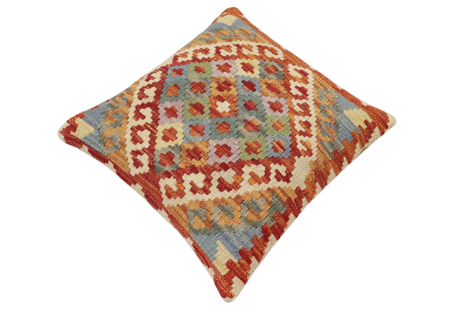 handmade Traditional Pillow Rust Blue Hand-Woven SQUARE 100% WOOL Hand woven turkish pillow2' x 2'