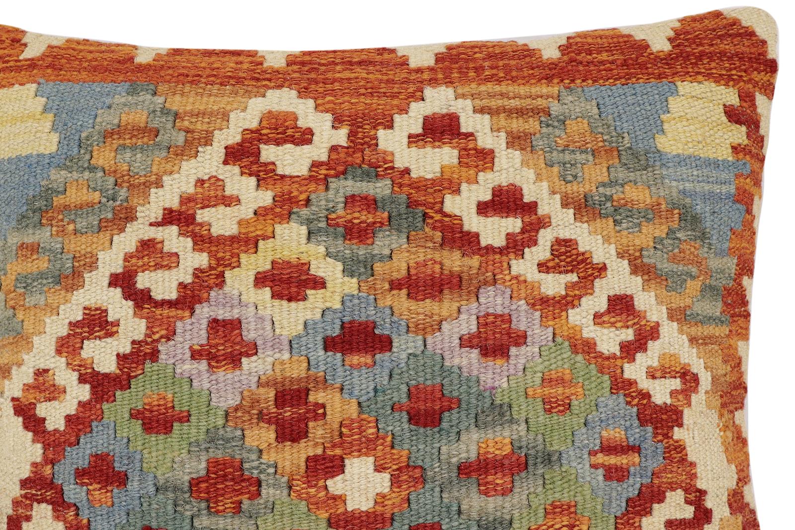 handmade Traditional Pillow Rust Blue Hand-Woven SQUARE 100% WOOL Hand woven turkish pillow2' x 2'