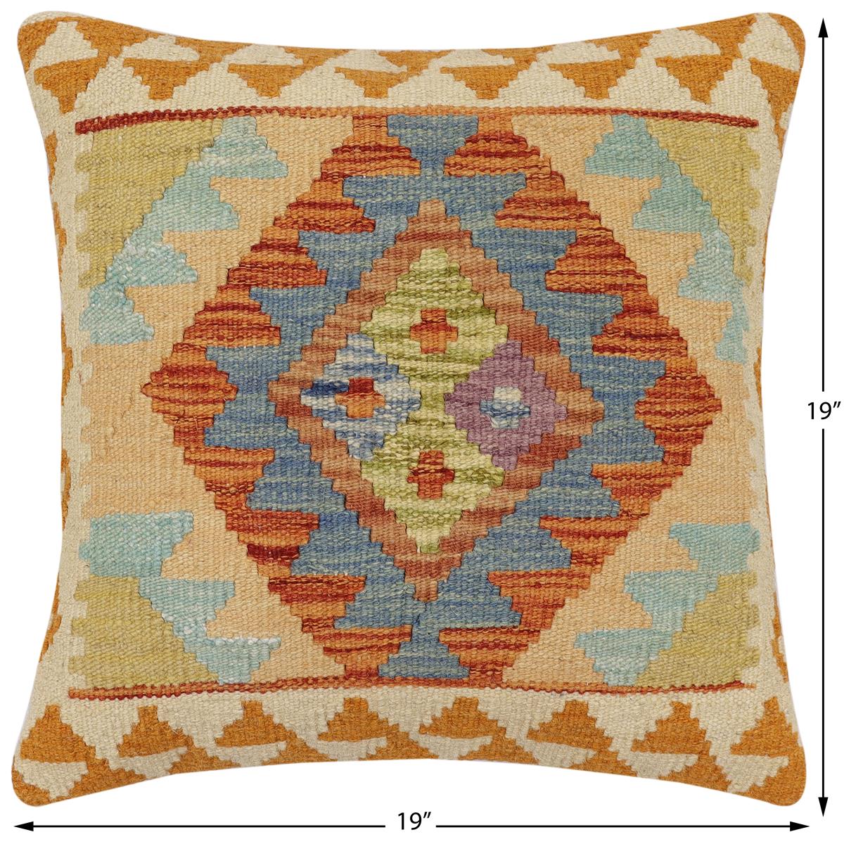 handmade Traditional Pillow Rust Blue Hand-Woven SQUARE 100% WOOL  Hand woven turkish pillow  2 x 2