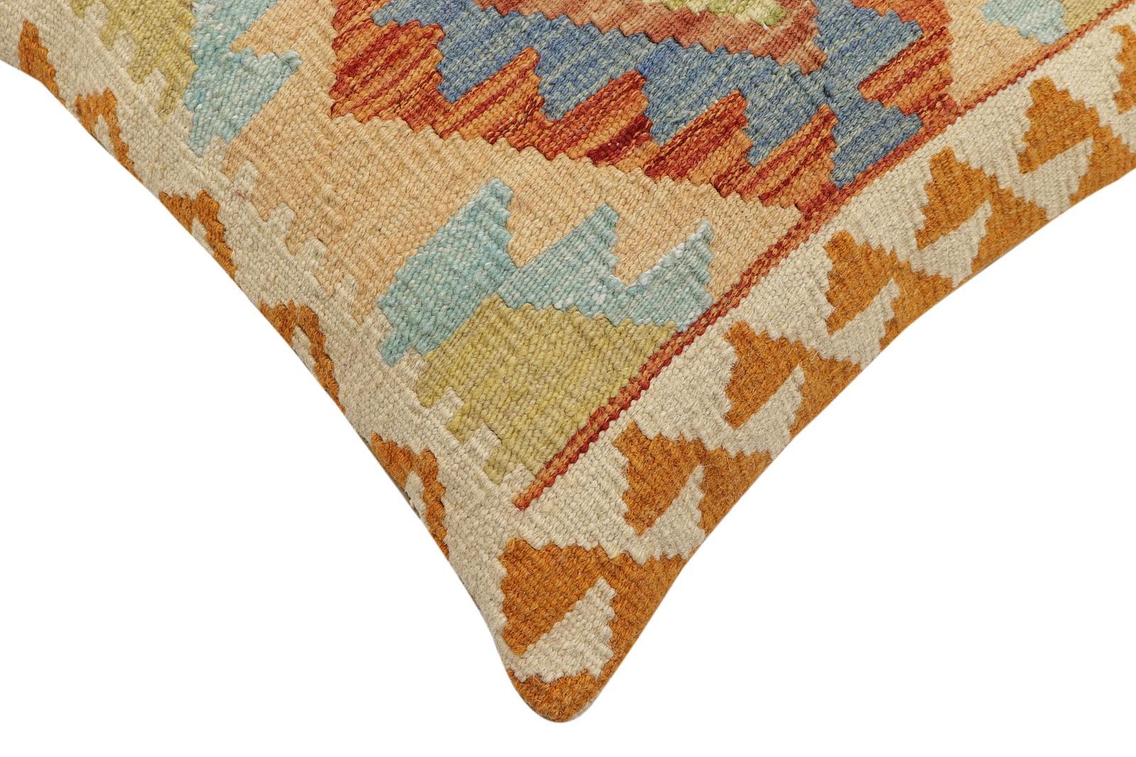 handmade Traditional Pillow Rust Blue Hand-Woven SQUARE 100% WOOL  Hand woven turkish pillow  2 x 2