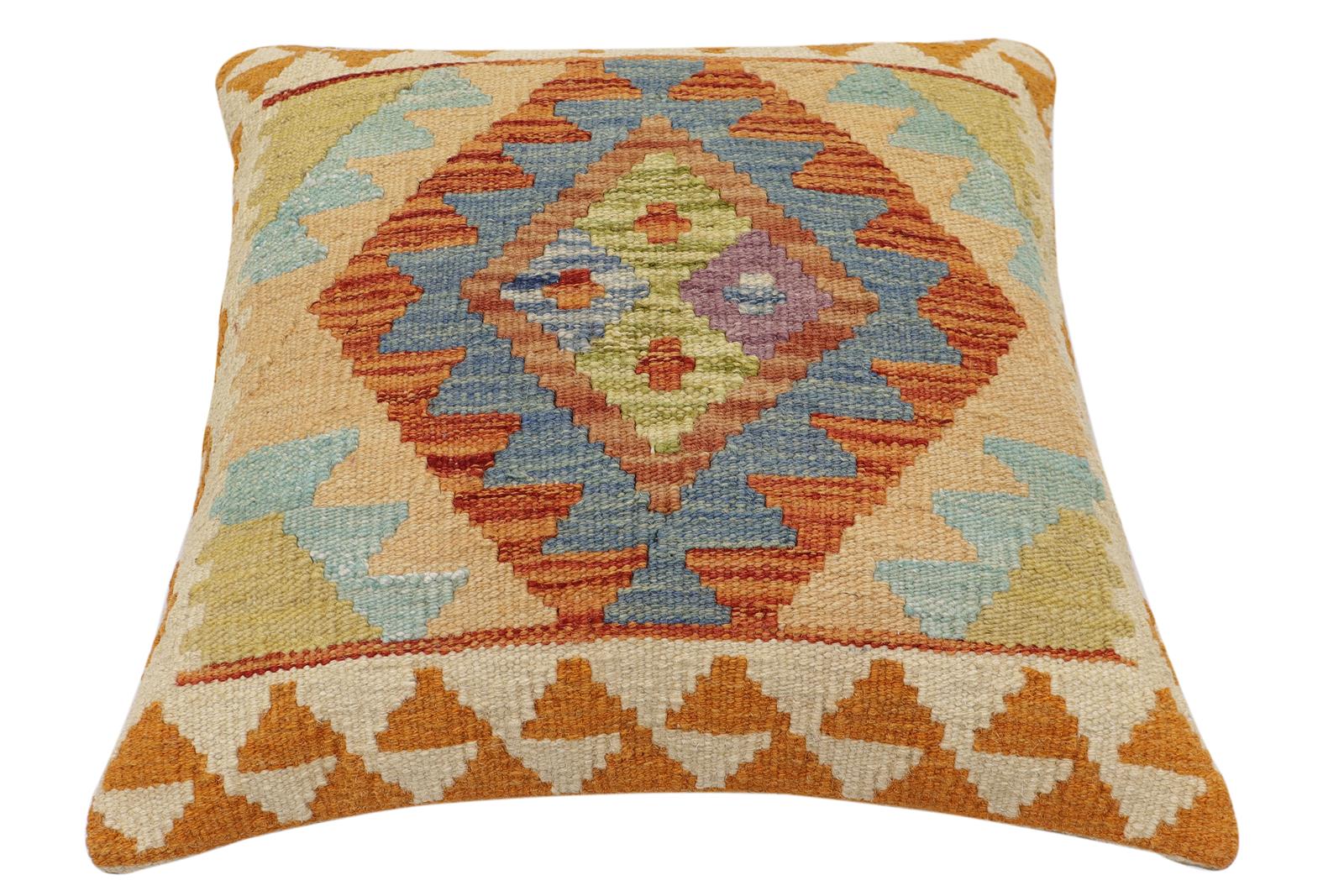 handmade Traditional Pillow Rust Blue Hand-Woven SQUARE 100% WOOL  Hand woven turkish pillow  2 x 2