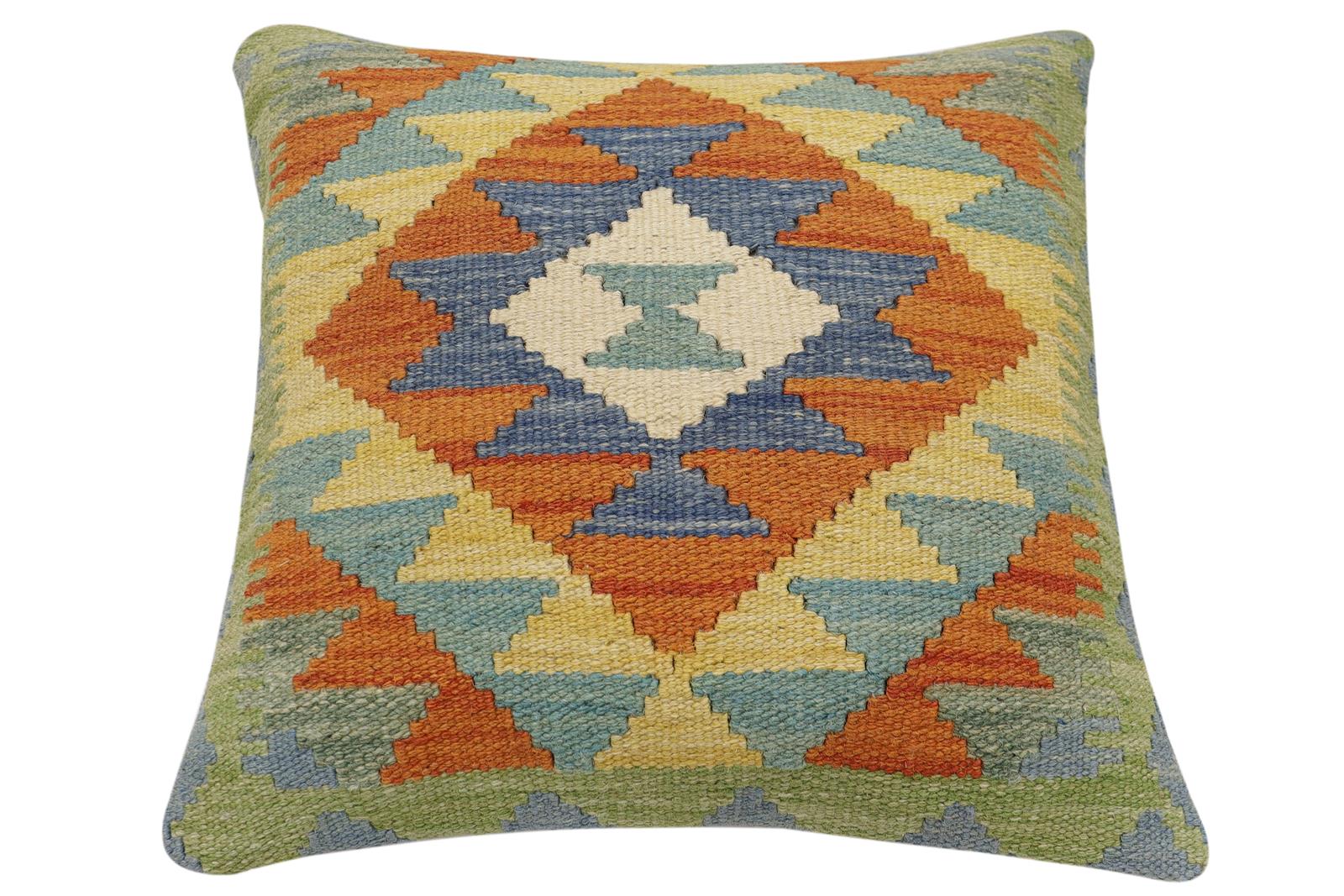 handmade Traditional Pillow Rust Blue Hand-Woven SQUARE 100% WOOL Hand woven turkish pillow2' x 2'
