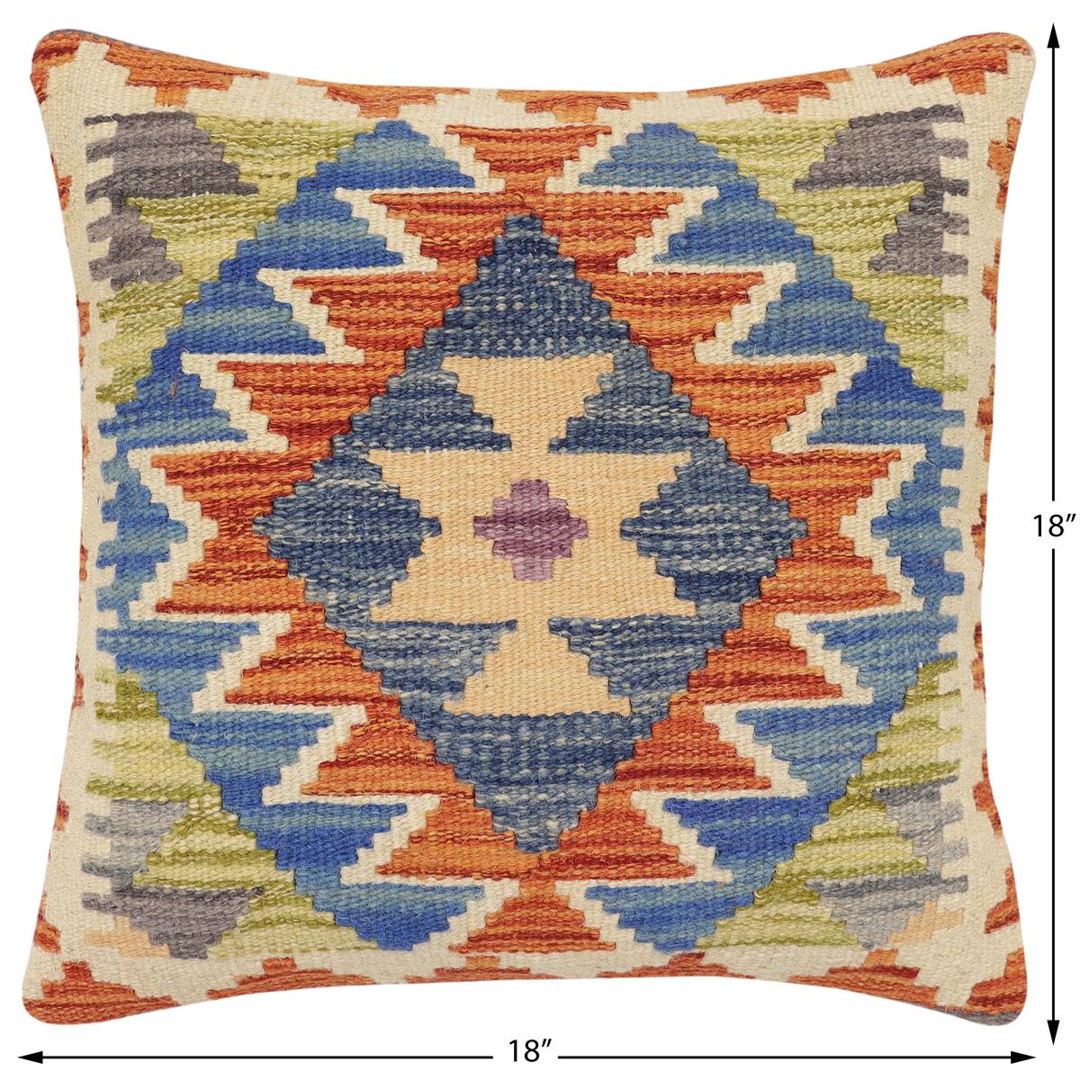 handmade Traditional Pillow Rust Blue Hand-Woven SQUARE 100% WOOL Hand woven turkish pillow2' x 2'