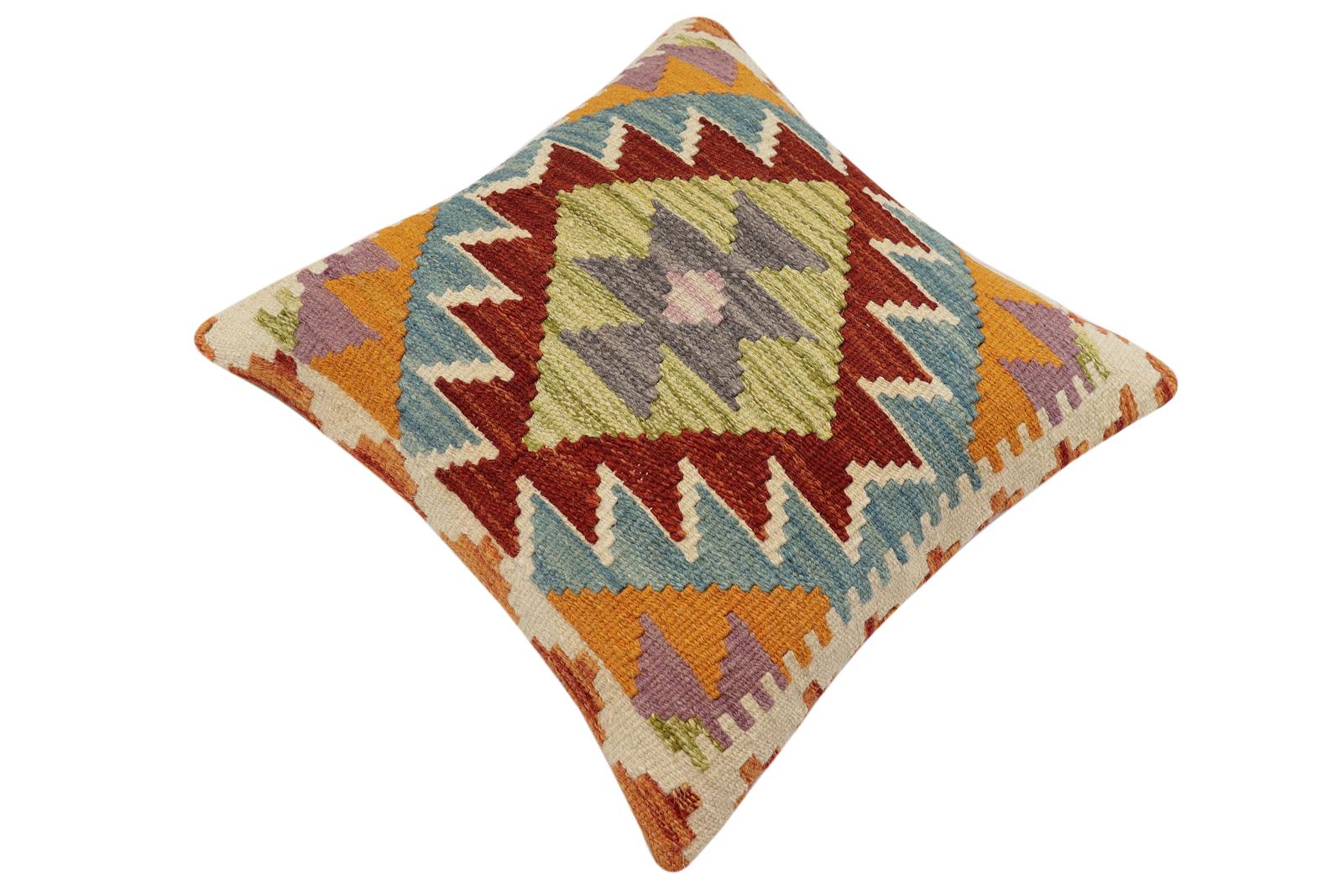 handmade Traditional Pillow Rust Blue Hand-Woven SQUARE 100% WOOL  Hand woven turkish pillow  2 x 2