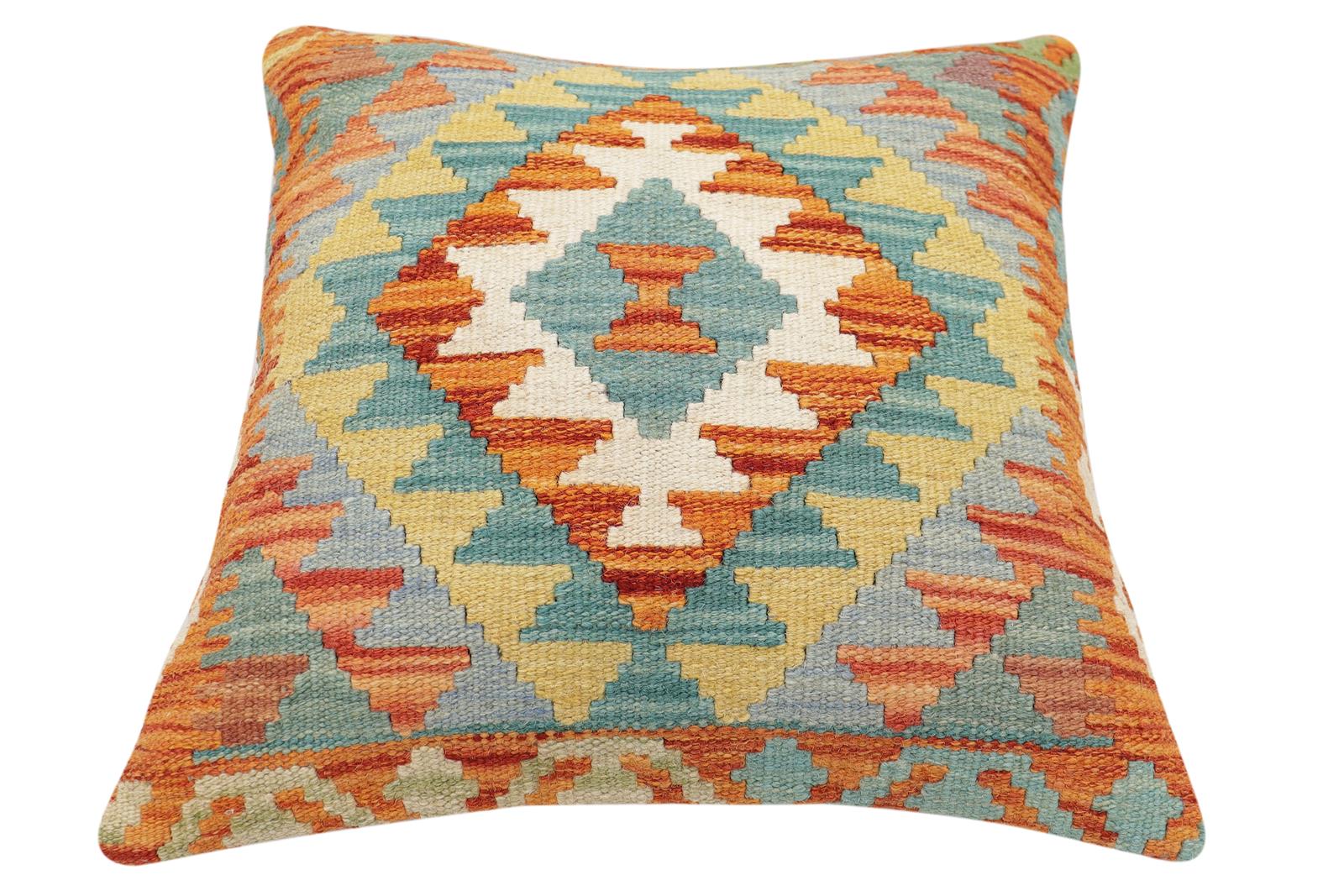 handmade Traditional Pillow Rust Blue Hand-Woven SQUARE 100% WOOL Hand woven turkish pillow2' x 2'