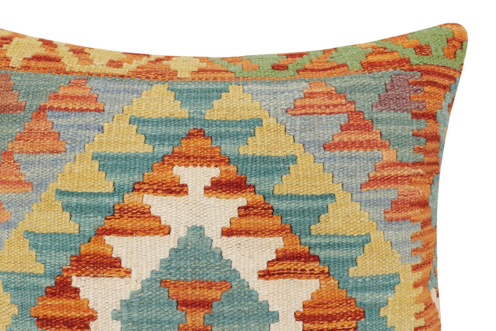 handmade Traditional Pillow Rust Blue Hand-Woven SQUARE 100% WOOL Hand woven turkish pillow2' x 2'