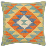 handmade Traditional Pillow Rust Blue Hand-Woven SQUARE 100% WOOL Hand woven turkish pillow2' x 2'