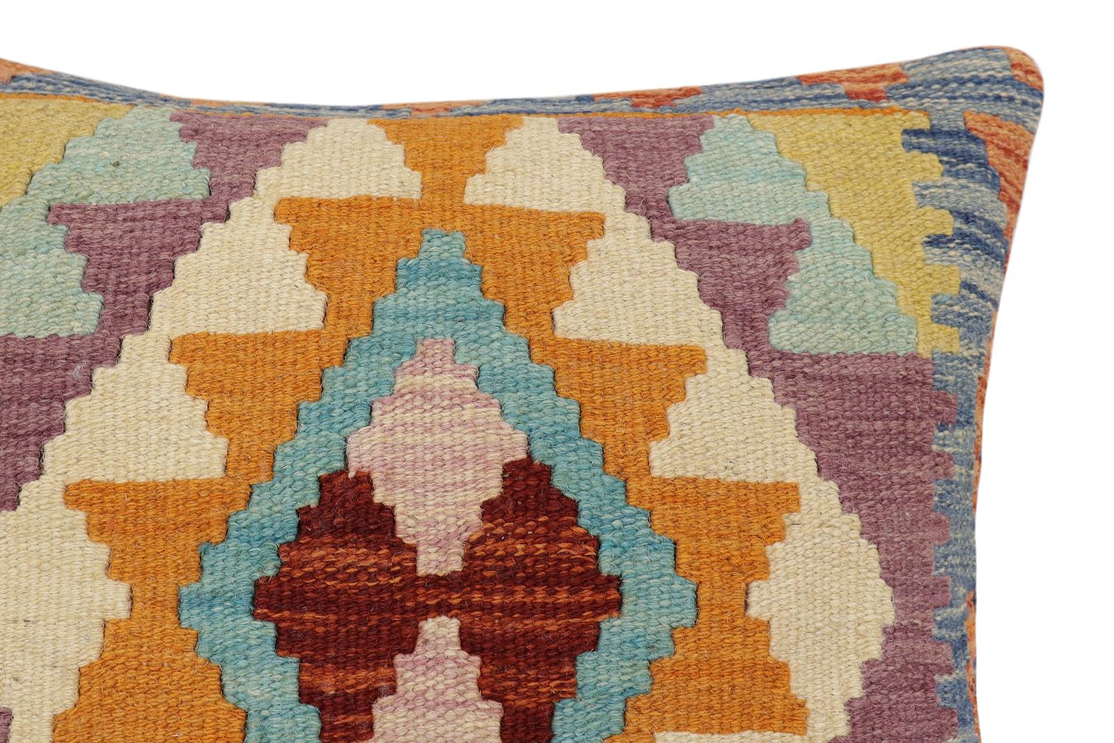 handmade Traditional Pillow Rust Blue Hand-Woven SQUARE 100% WOOL Hand woven turkish pillow2' x 2'