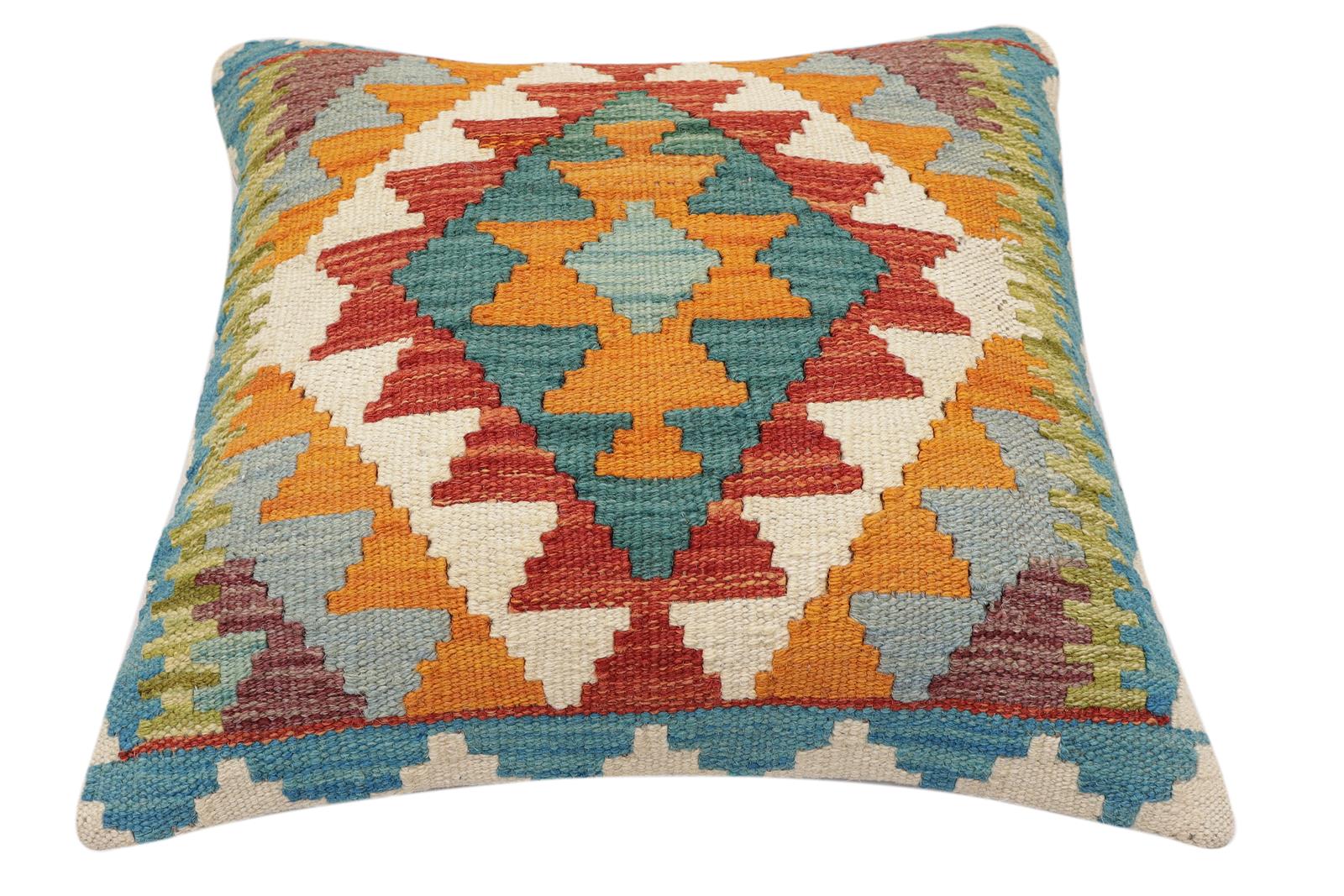 handmade Traditional Pillow Rust Blue Hand-Woven SQUARE 100% WOOL Hand woven turkish pillow2' x 2'