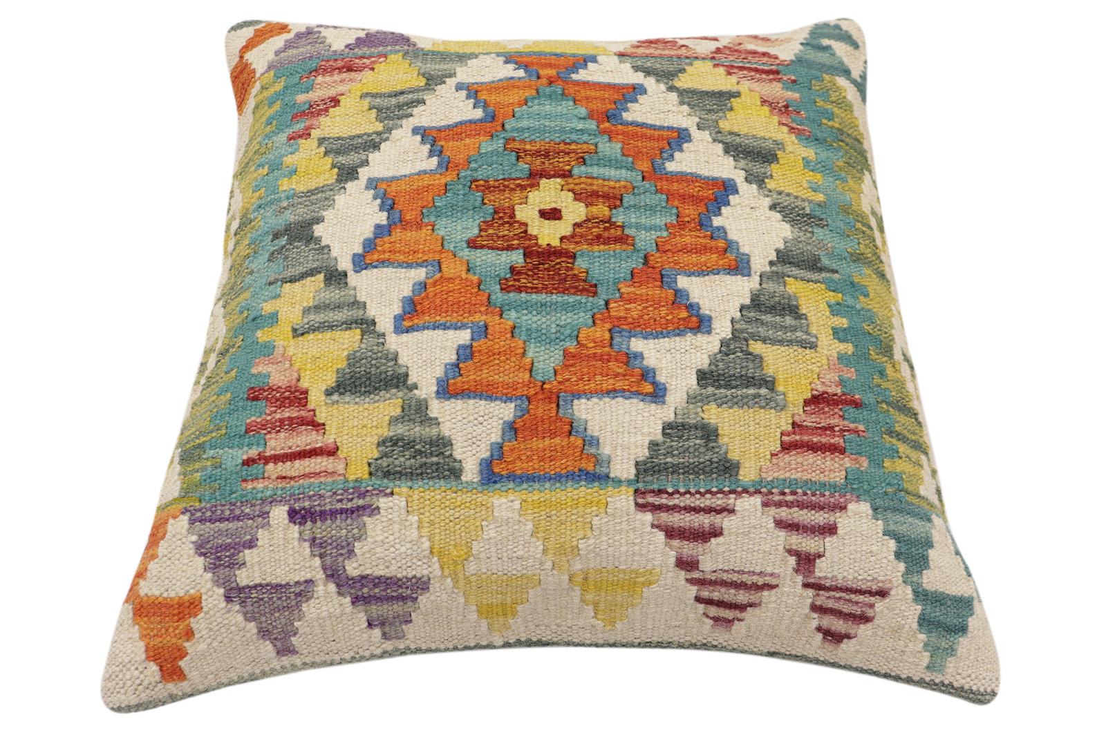 handmade Traditional Pillow Rust Blue Hand-Woven SQUARE 100% WOOL Hand woven turkish pillow2' x 2'